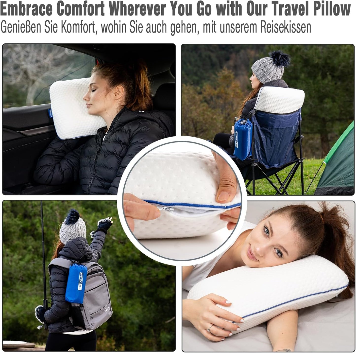 Ergonomisches Memory-Schaum-Reisekissen mit Bezug, Weiss 40x25x10 cm
