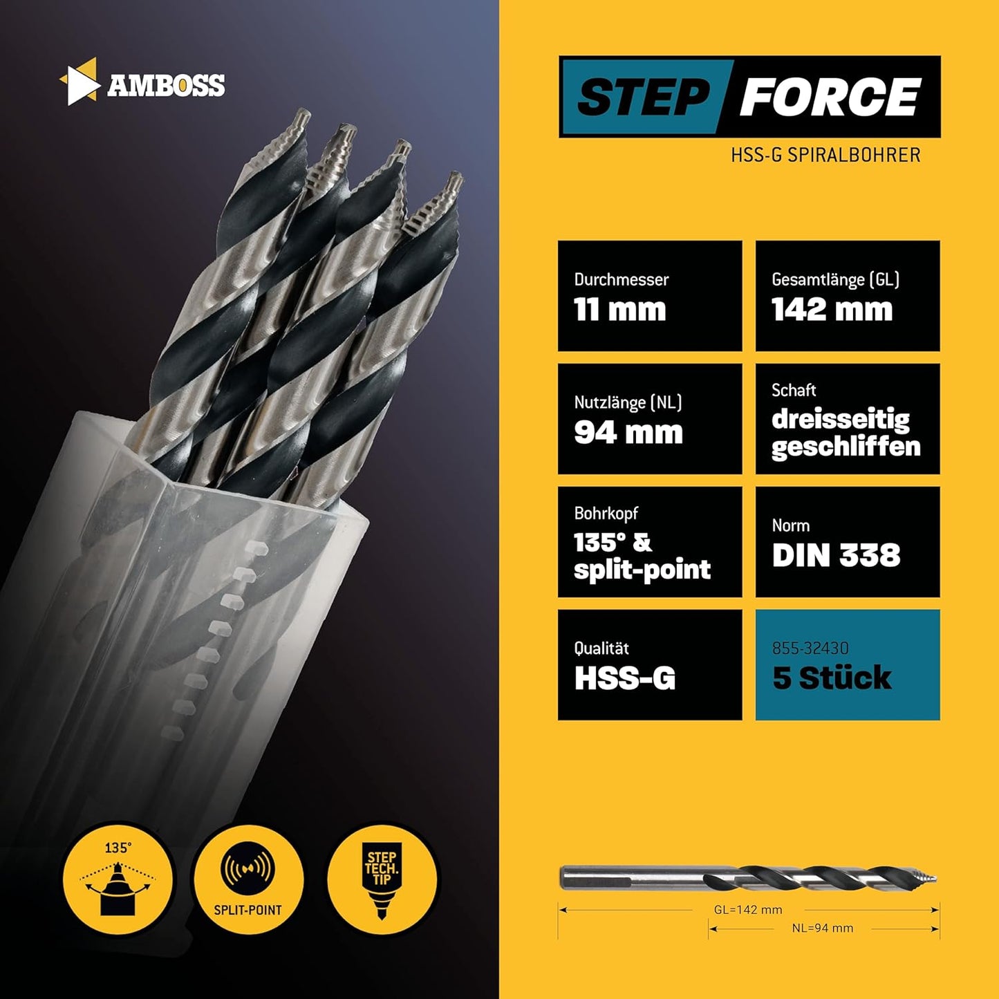Step Force Spiralbohrer-Set, Metall HSS-G Ø 11mm HSS-G / STEP / DIN 338 / 5 Stk.