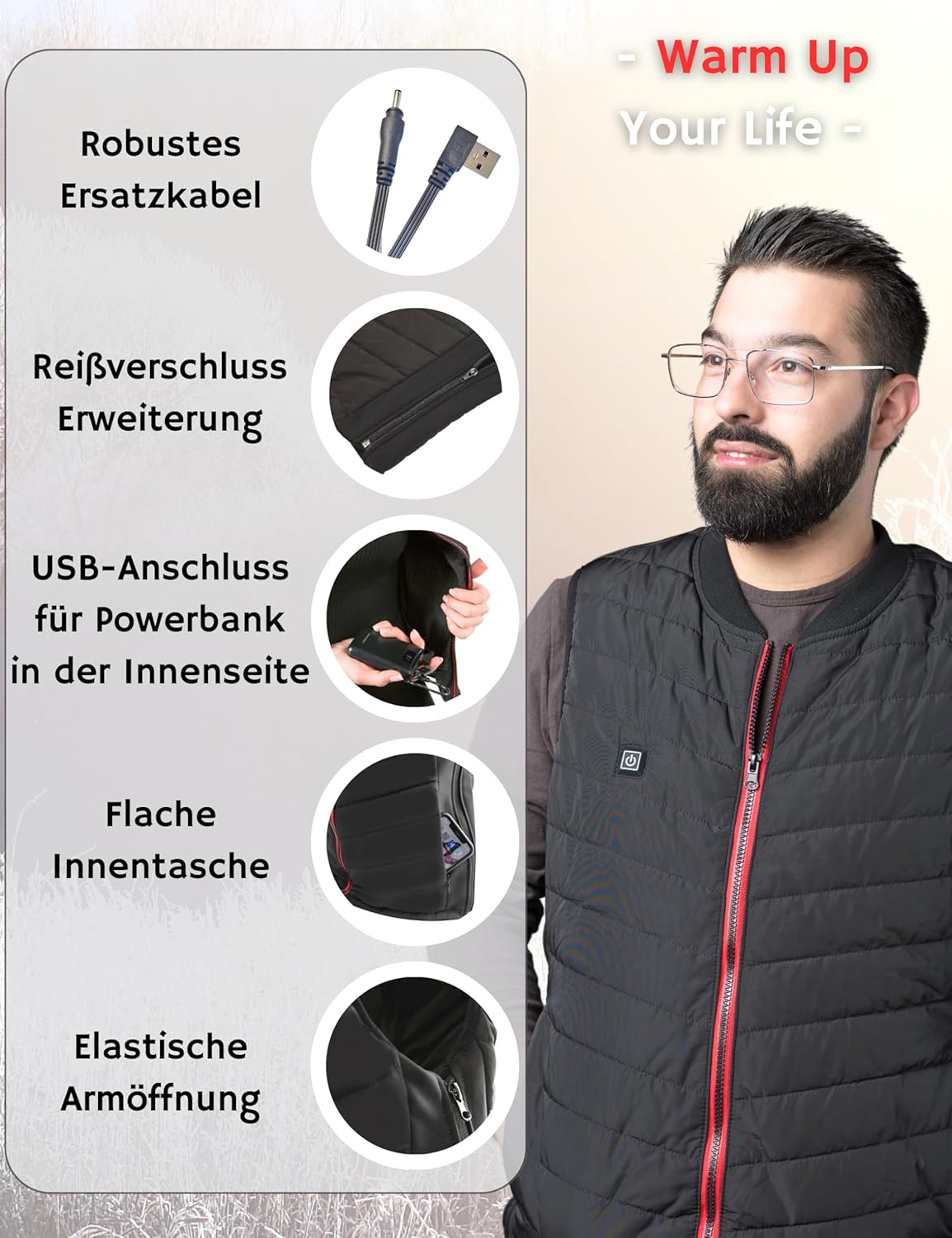 Beheizbare Weste mit 5 Wärmezonen, XS ; Ohne Powerbank