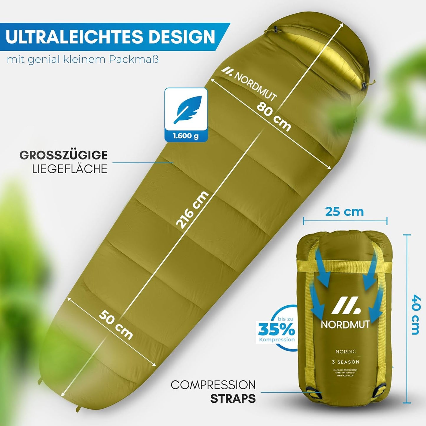 Ultraleichter Mumienschlafsack, Ocker 3-Jahreszeiten Schlafsack