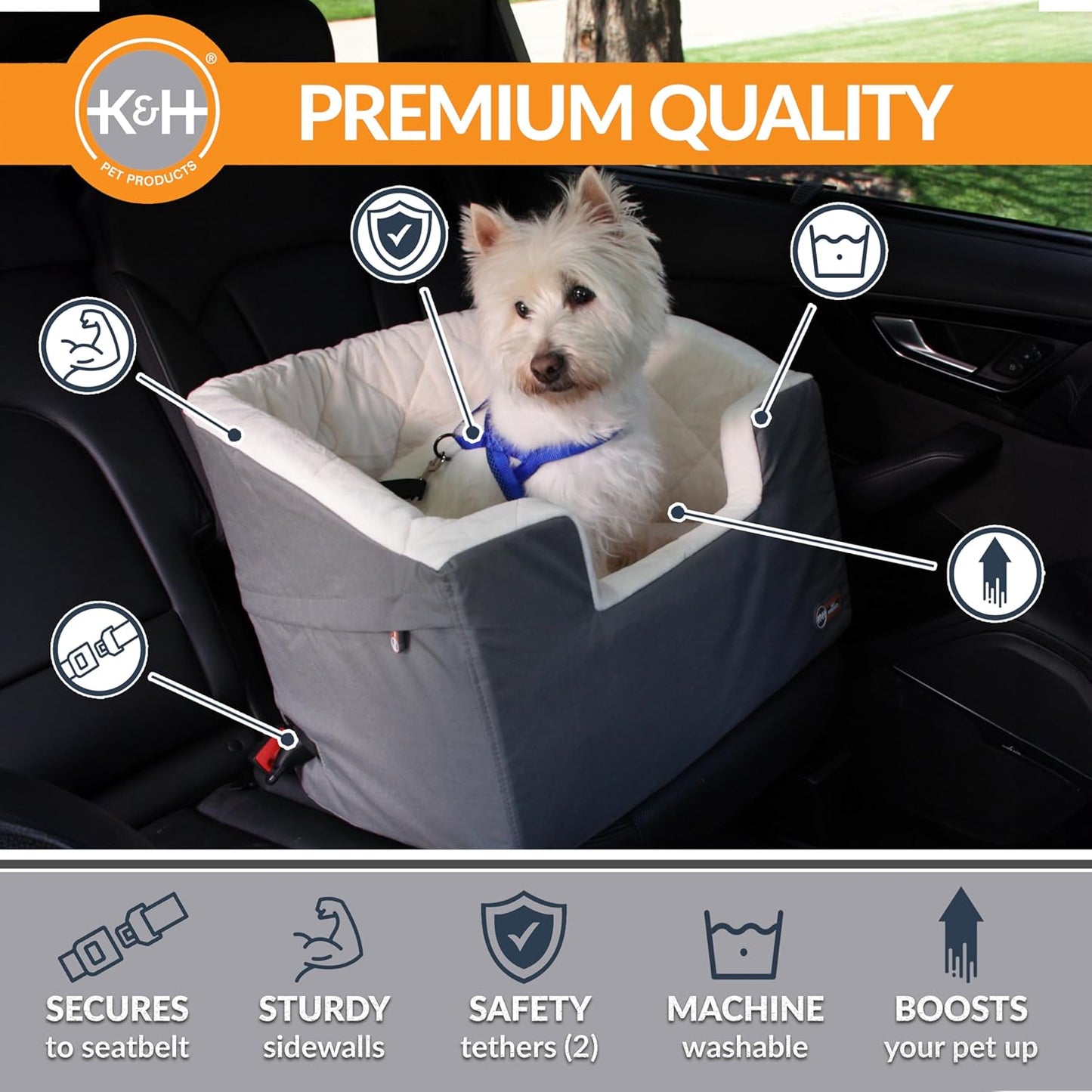 Eimer Booster Hundeautositz mit Sicherheitsgurt, Grau/Creme Small