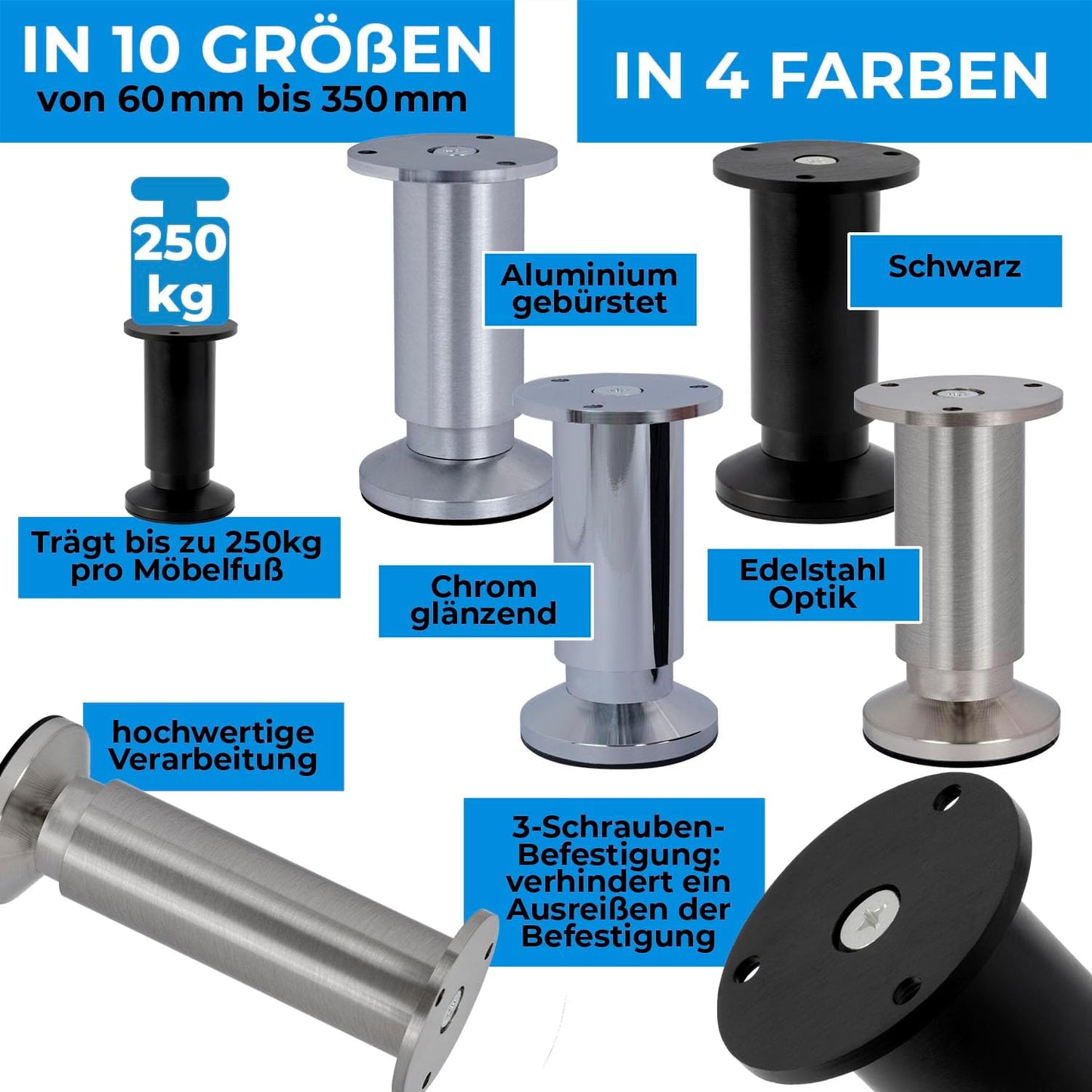 Verstellbare Möbelfüsse 4er Set, Höhe:300 mm(30 CM )4er SET Schwarz Matt (Eloxiert)