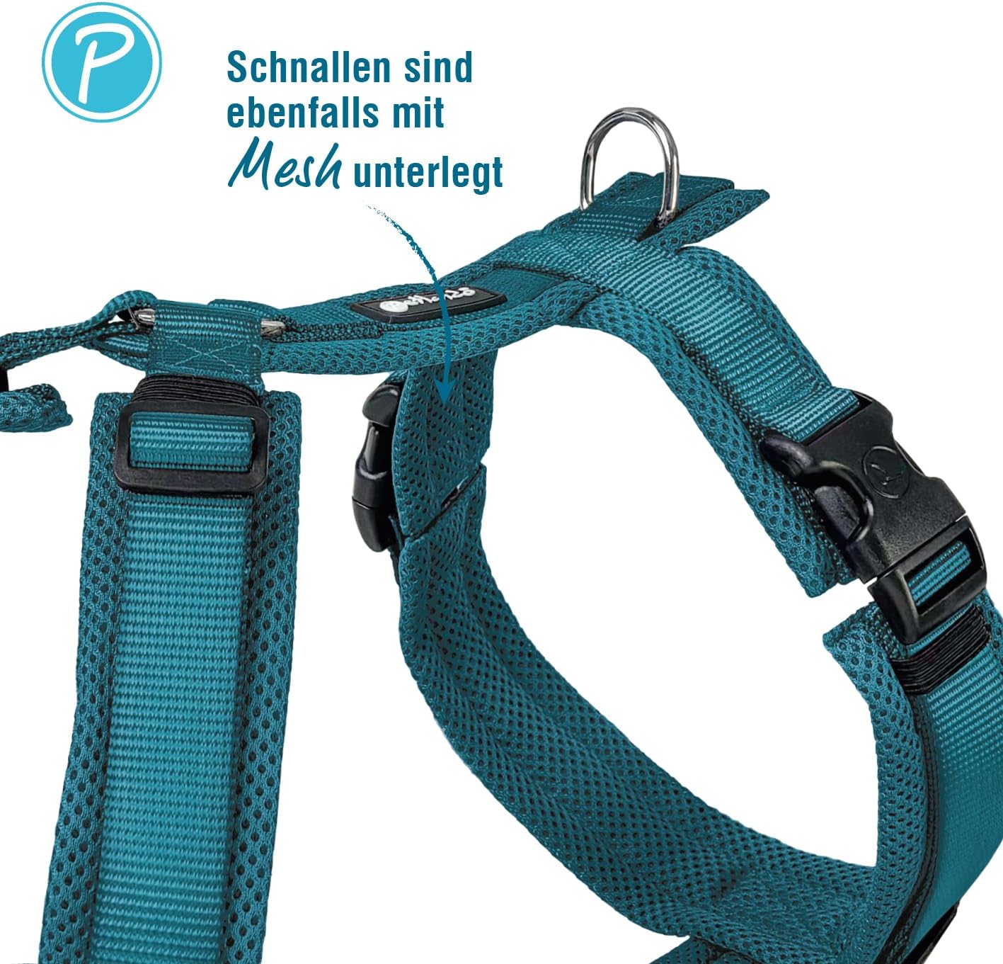 Gepolstertes Hundegeschirr, stufenlos verstellbar, Petrol L