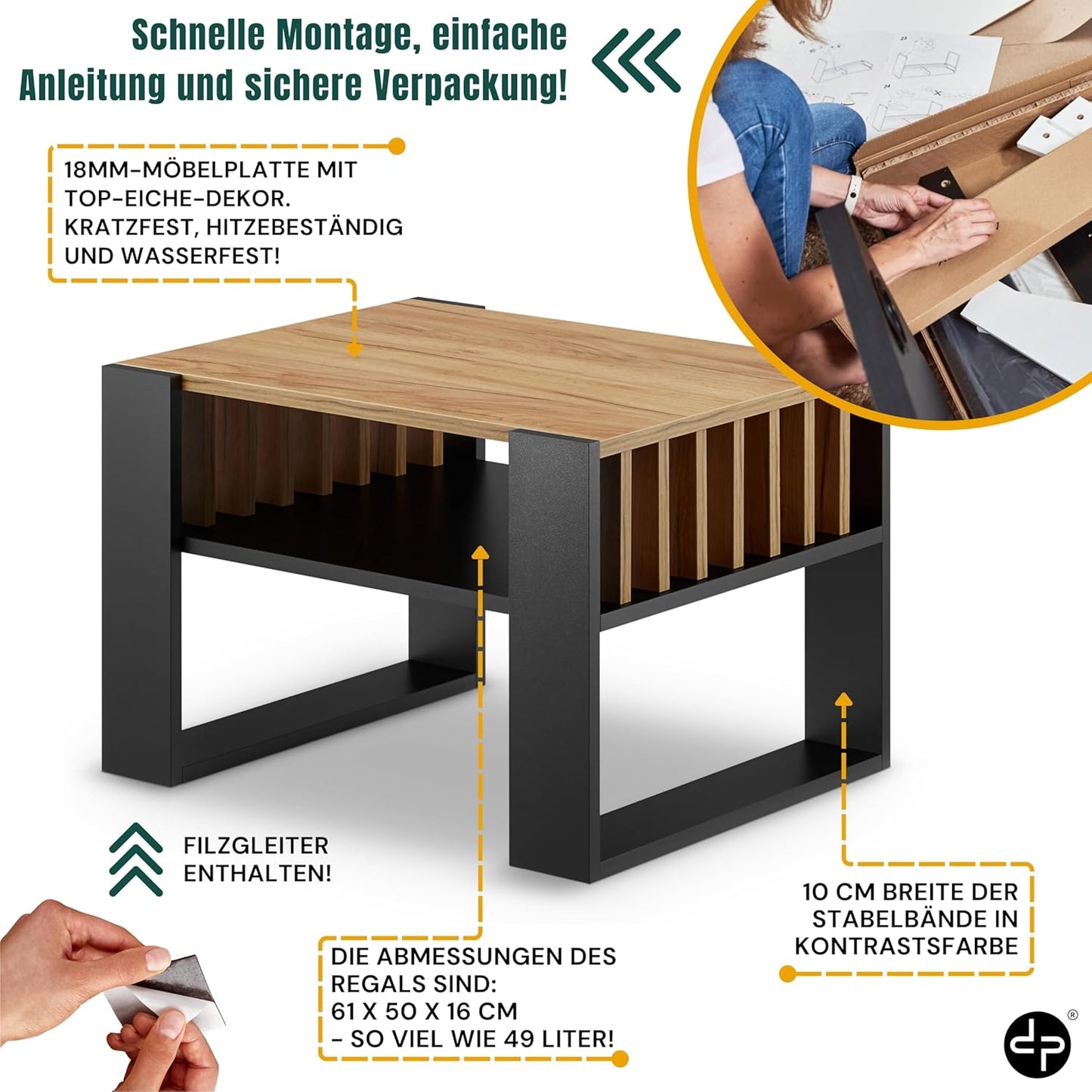 Kleiner Couchtisch mit Stauraum und Lamellen-Design, Schwarz + Eiche
