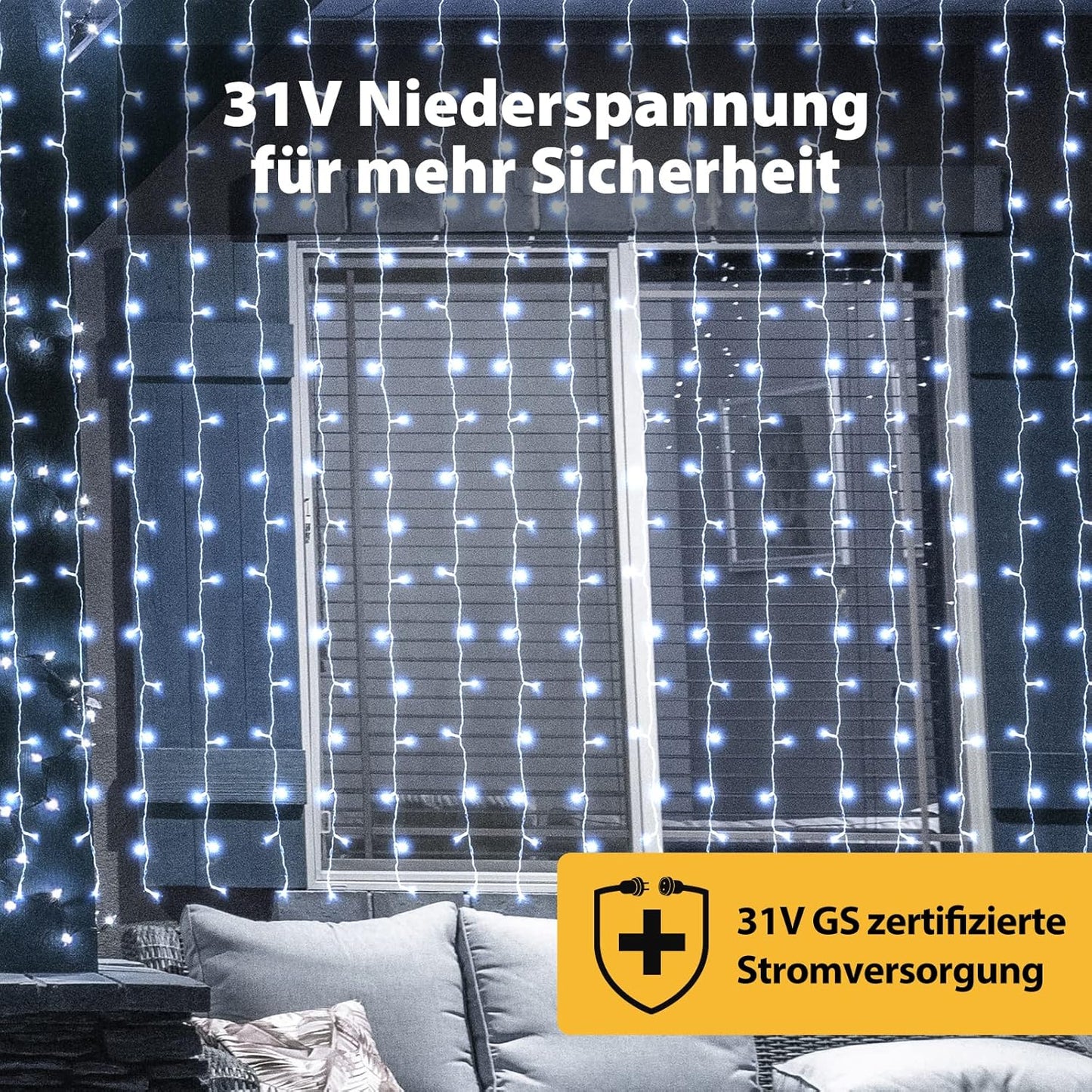 LED Lichtervorhang 3x3m mit 8 Modi und Memory-Funktion, 3*3m Kaltweiss