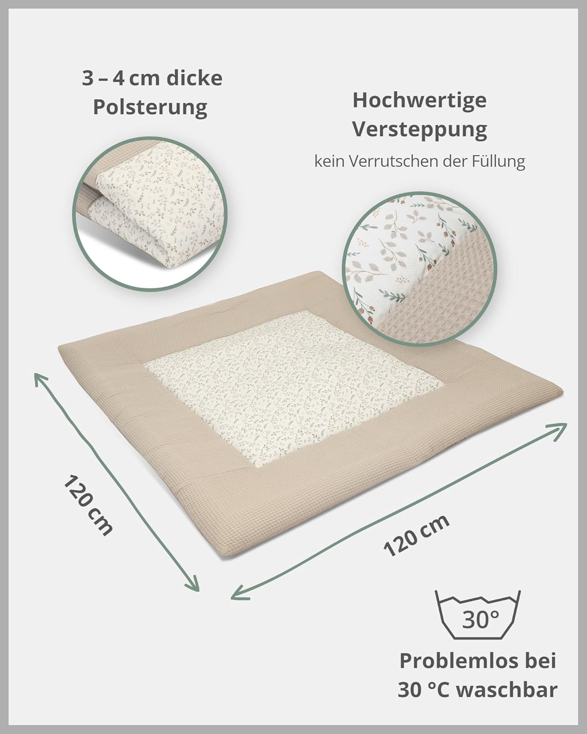 Baby Krabbeldecke 120x120 cm, Floral-sand