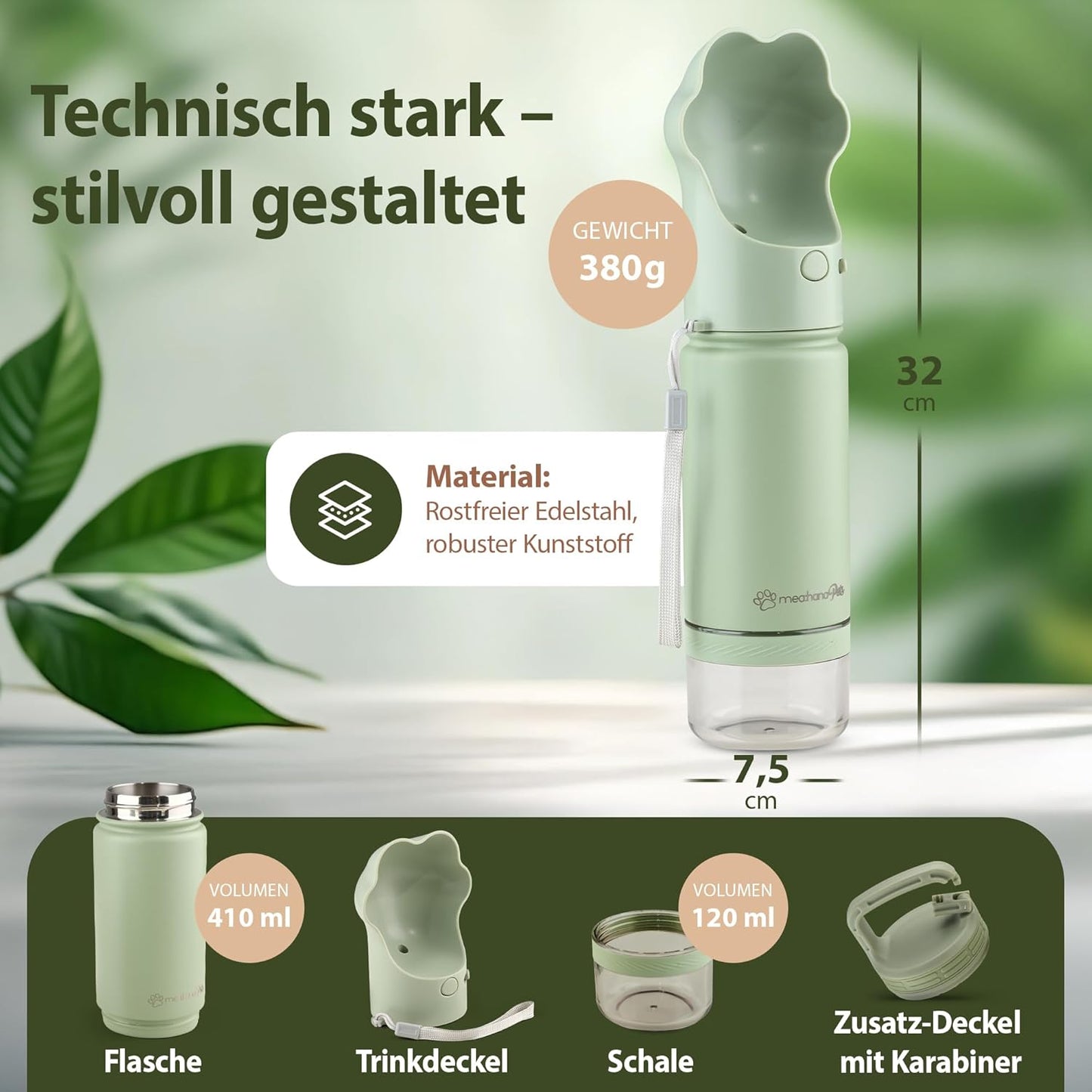 Hundetrinkflasche mit Futterbehälter & Karabiner