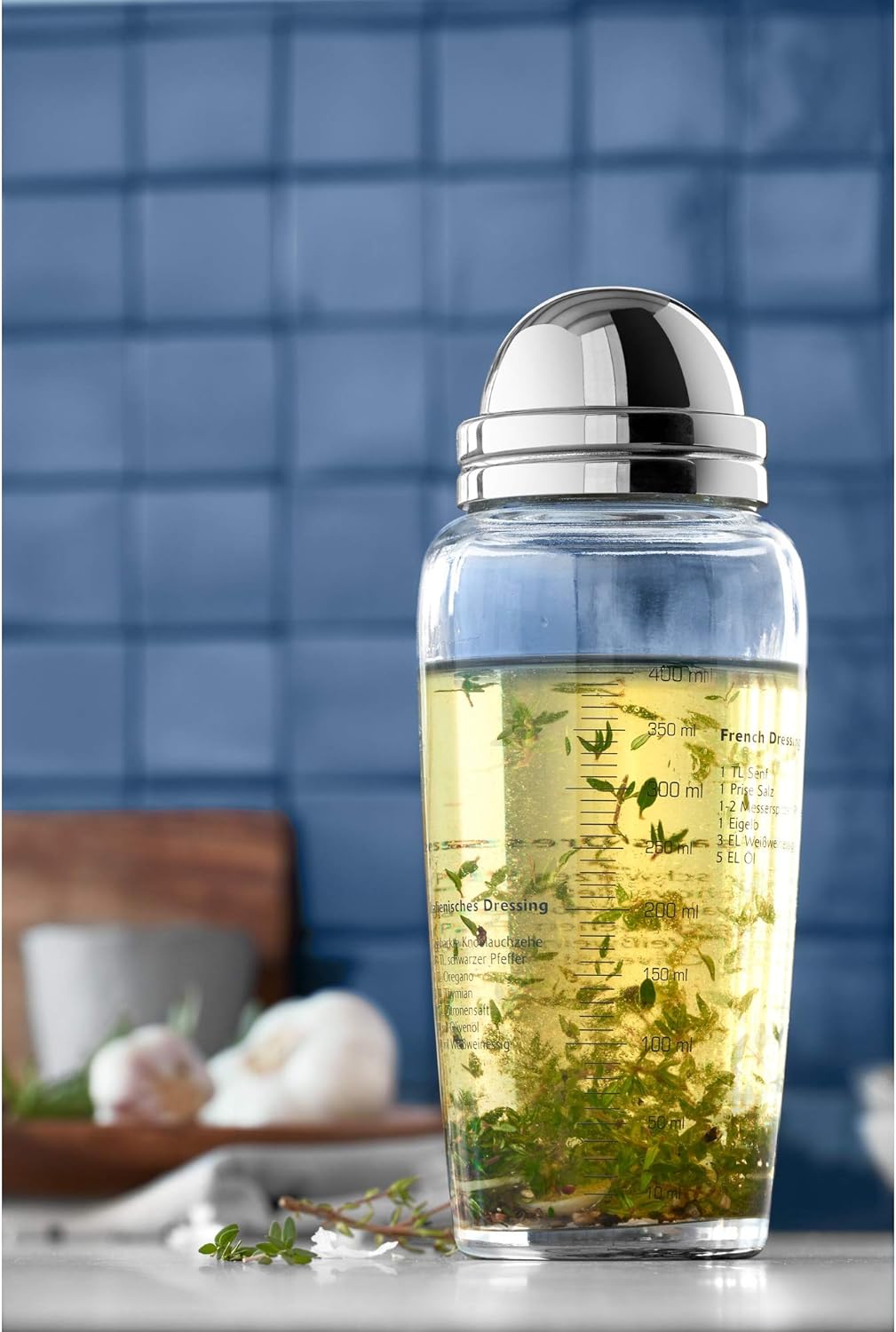 Salat Dressingshaker Mixer für Salatsauce 400ml Glasbehälter Messkala 5 Rezepte