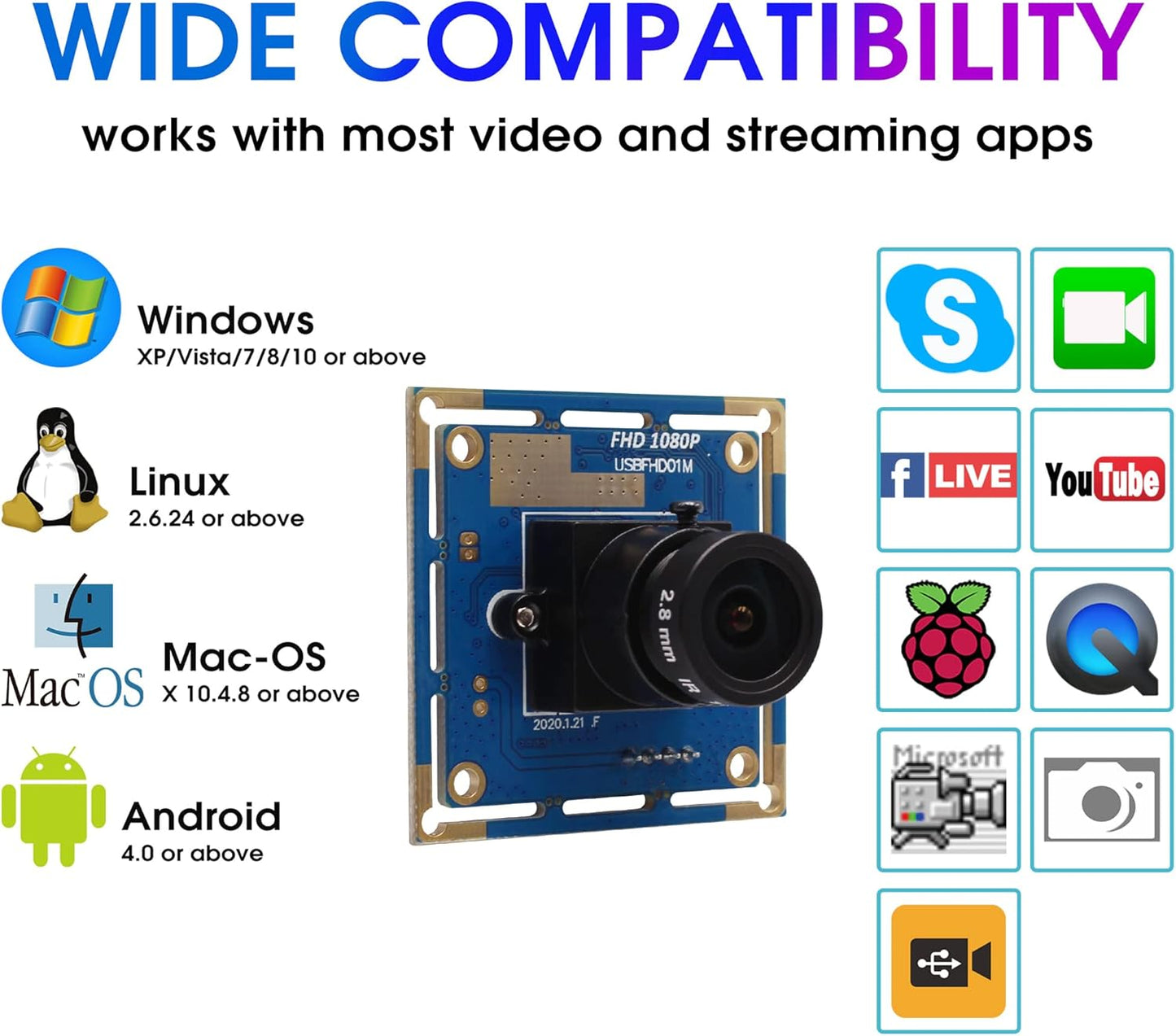 Full HD Webcam 1080P Kamera Modul, 2MP Kamera Module mit 2.8mm Objektiv