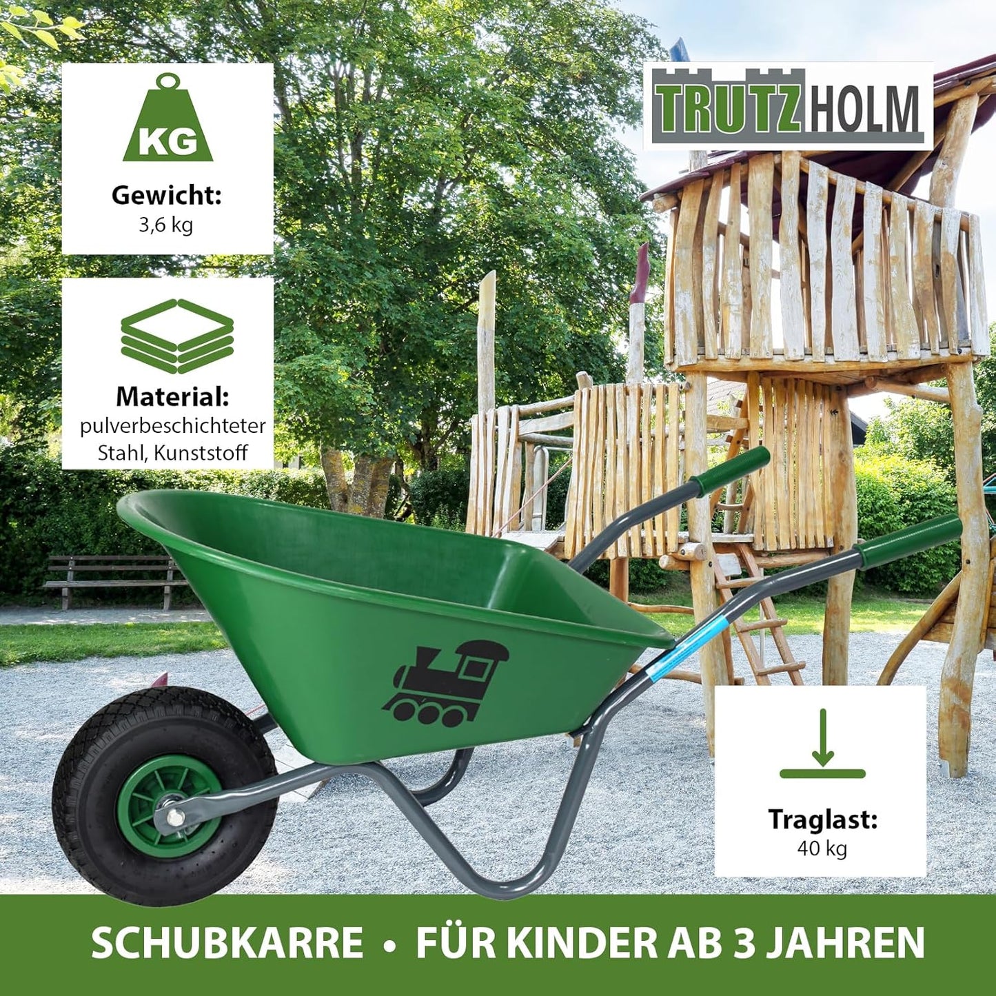Kinderschubkarre mit Lokomotive, Lokomotive | Grün
