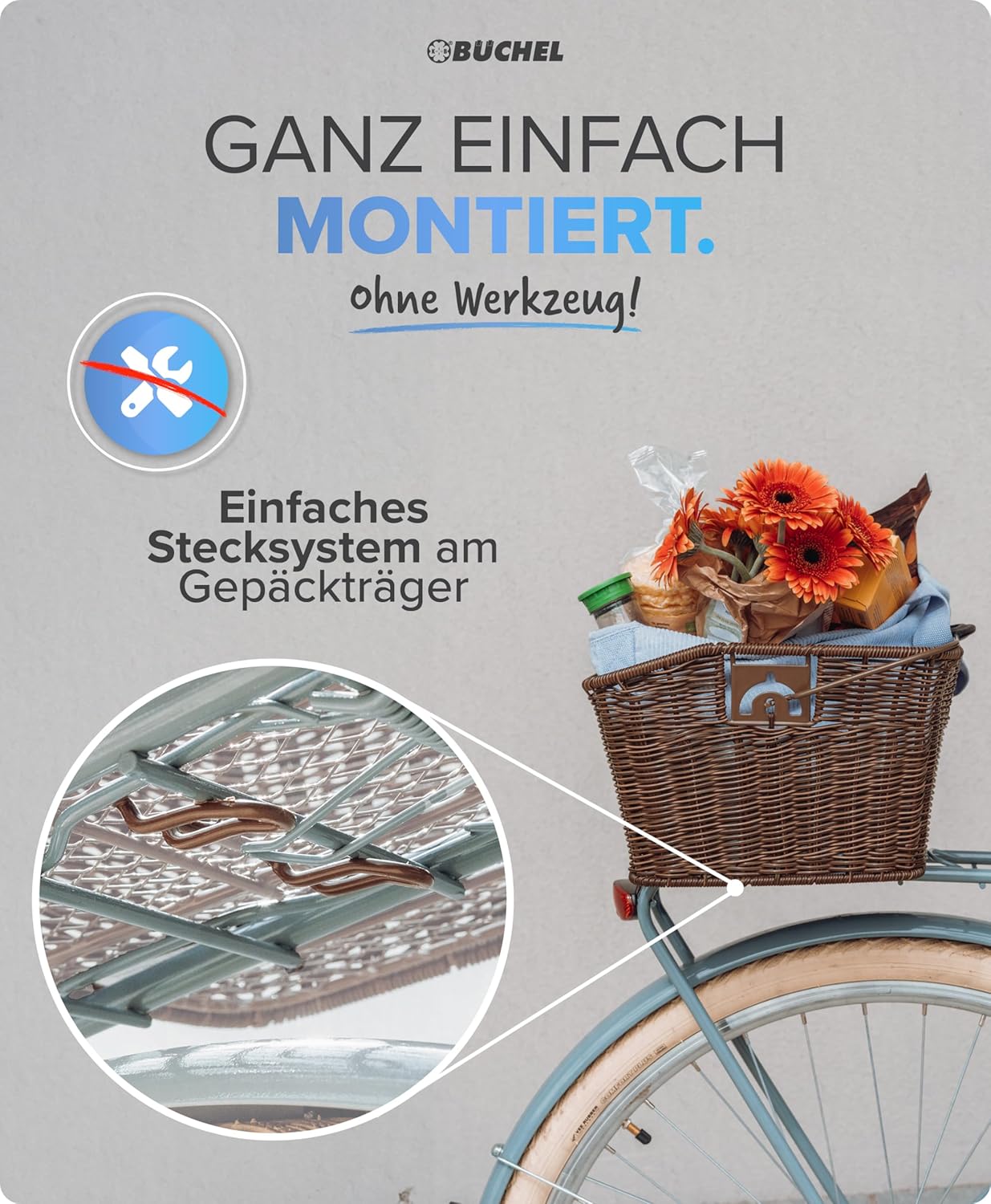 Abnehmbarer Fahrradkorb für hinten mit Halteclip, Braun Single