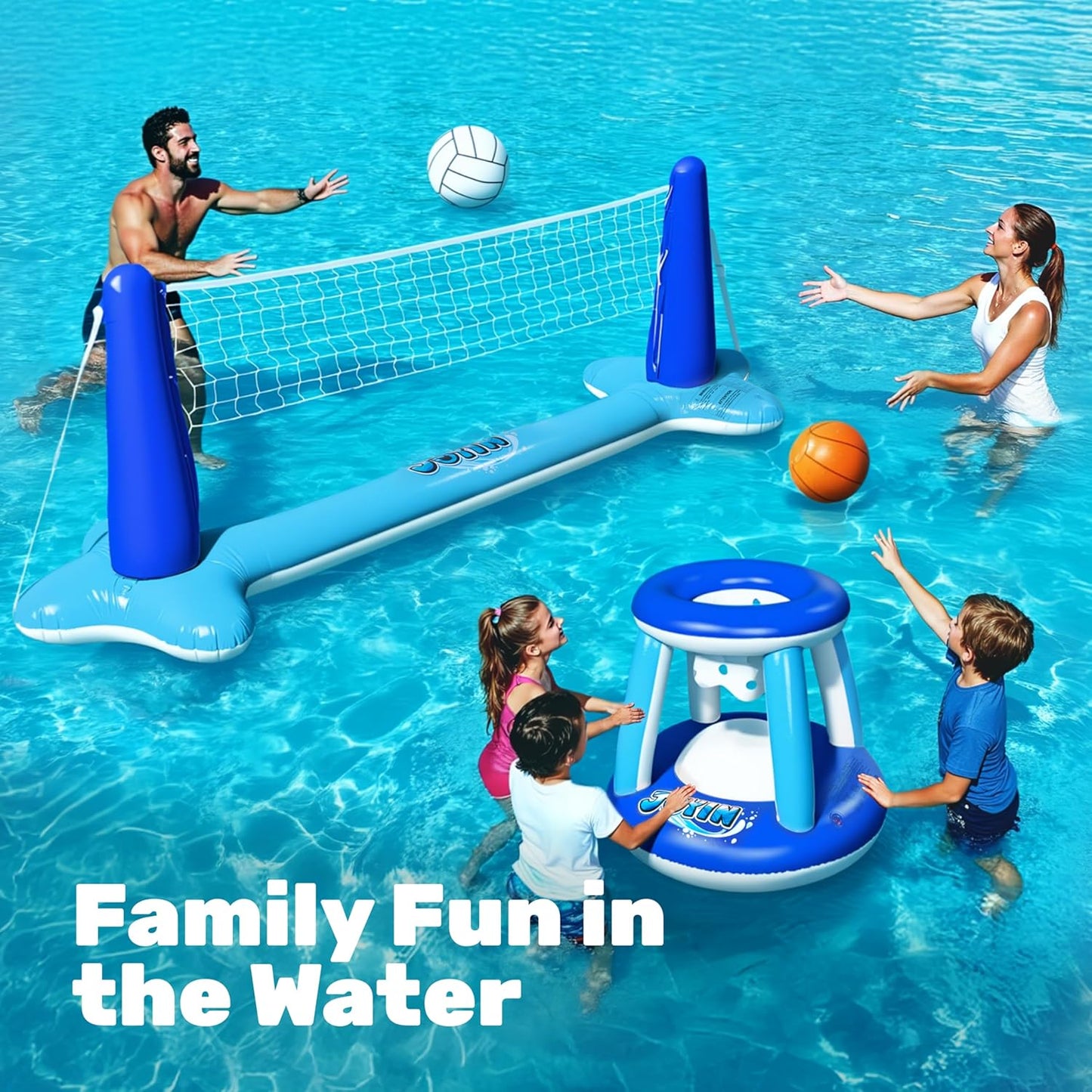 Aufblasbares Pool-Spielset mit Volleyball & Basketball, Dunkelblau