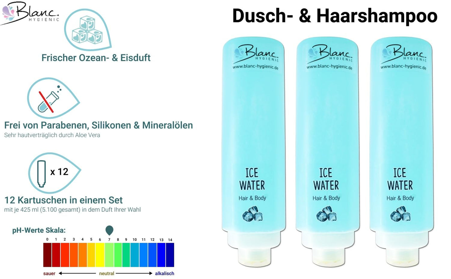 Shampoo-Duschgel-Set mit Wandhalterungen (16-teilig), aquatisch mit schwarzer Wandhalterung