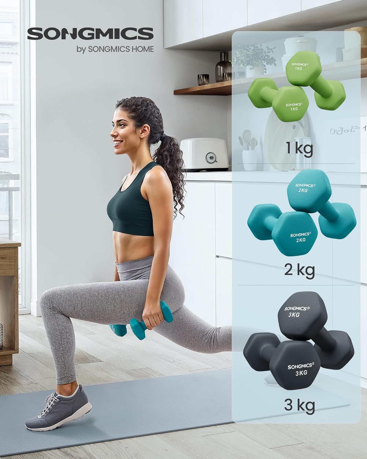 Hantel-Set mit Aufbewahrung, 12kg,limettengrün + aquamarin + dunkelgrau