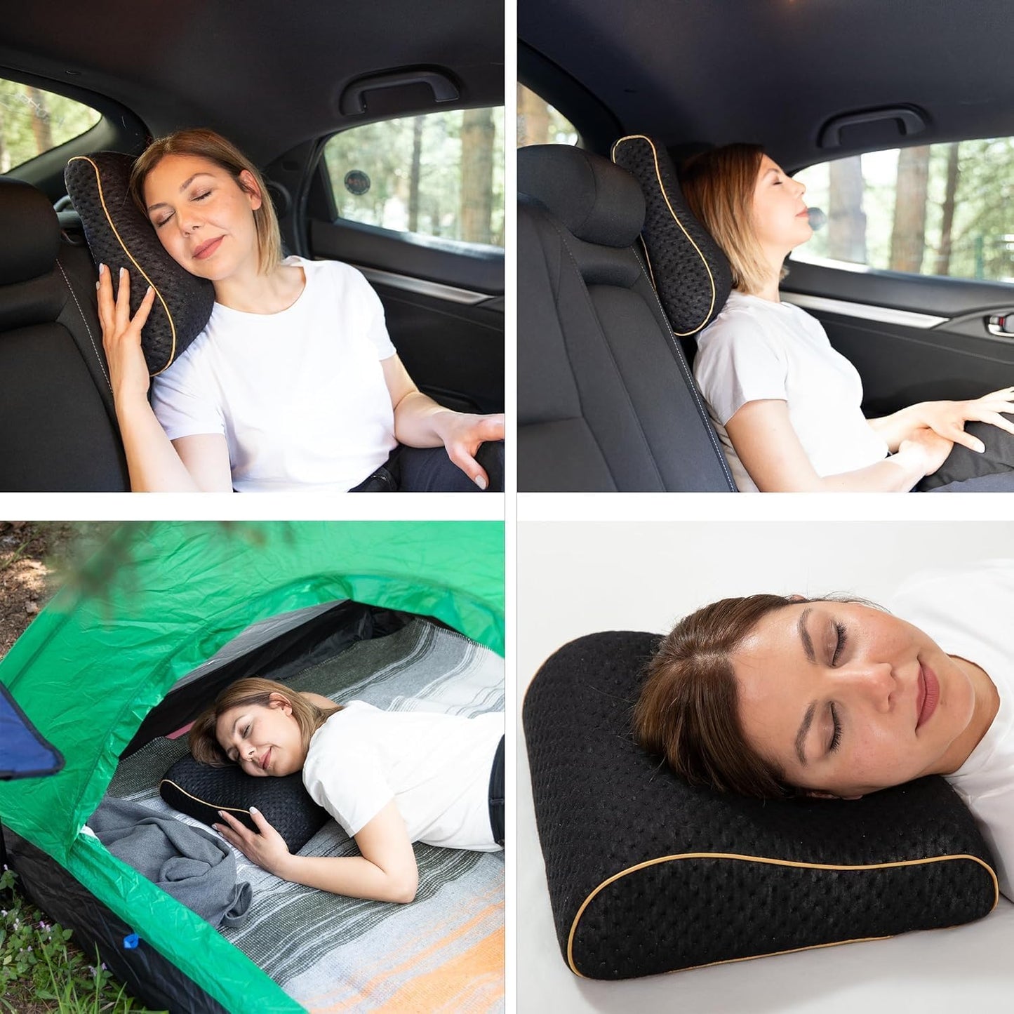 Ergonomisches Memory-Schaum-Kissen für Reisen und Camping, Schwarz - 35x30x10/8 Cm