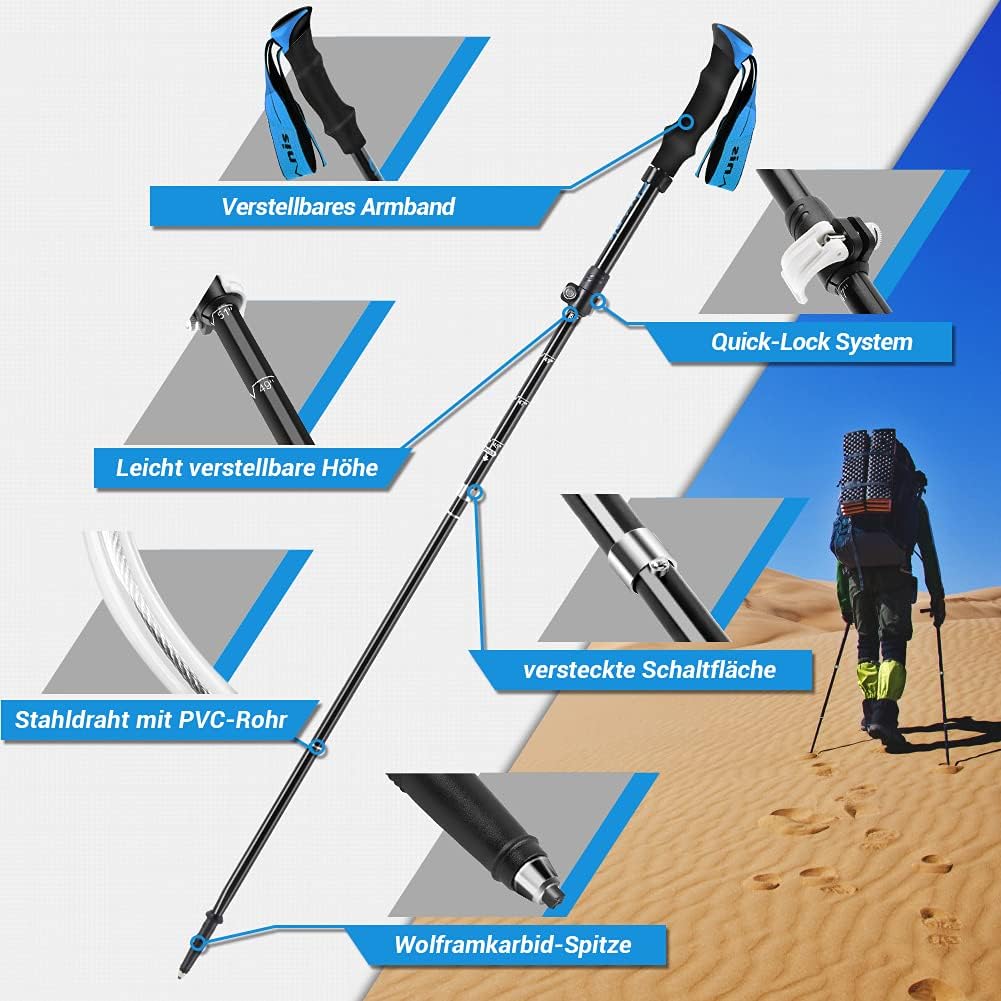 Faltbare Trekkingstöcke stossfest und Höhenverstellbar 110-130 cm, Blau