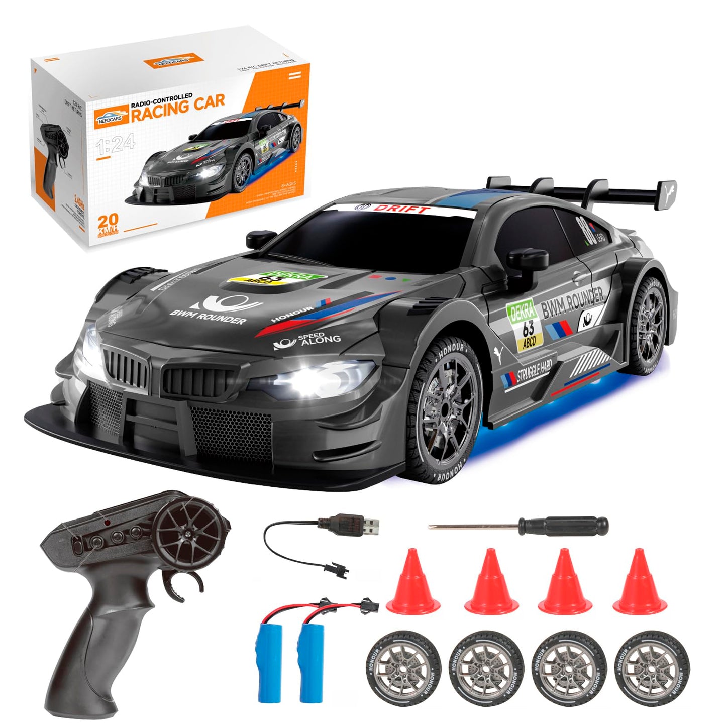 RC Drift Auto 4WD 2.4GHz mit LED-Leuchten, 9201-schwarz