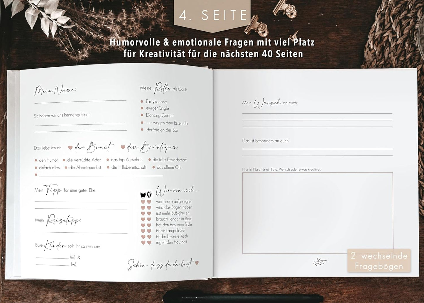 Hochzeit-Gästebuch mit Fragen zum Ausfüllen, mit Fragen Rot/Goldveredelung