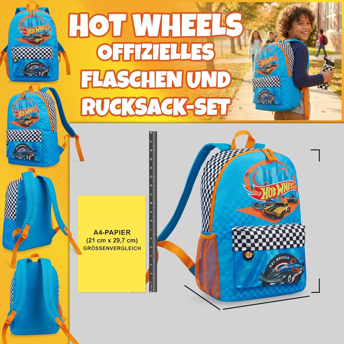 Kinderrucksack & Trinkflasche Set, Multi Hot Wheels