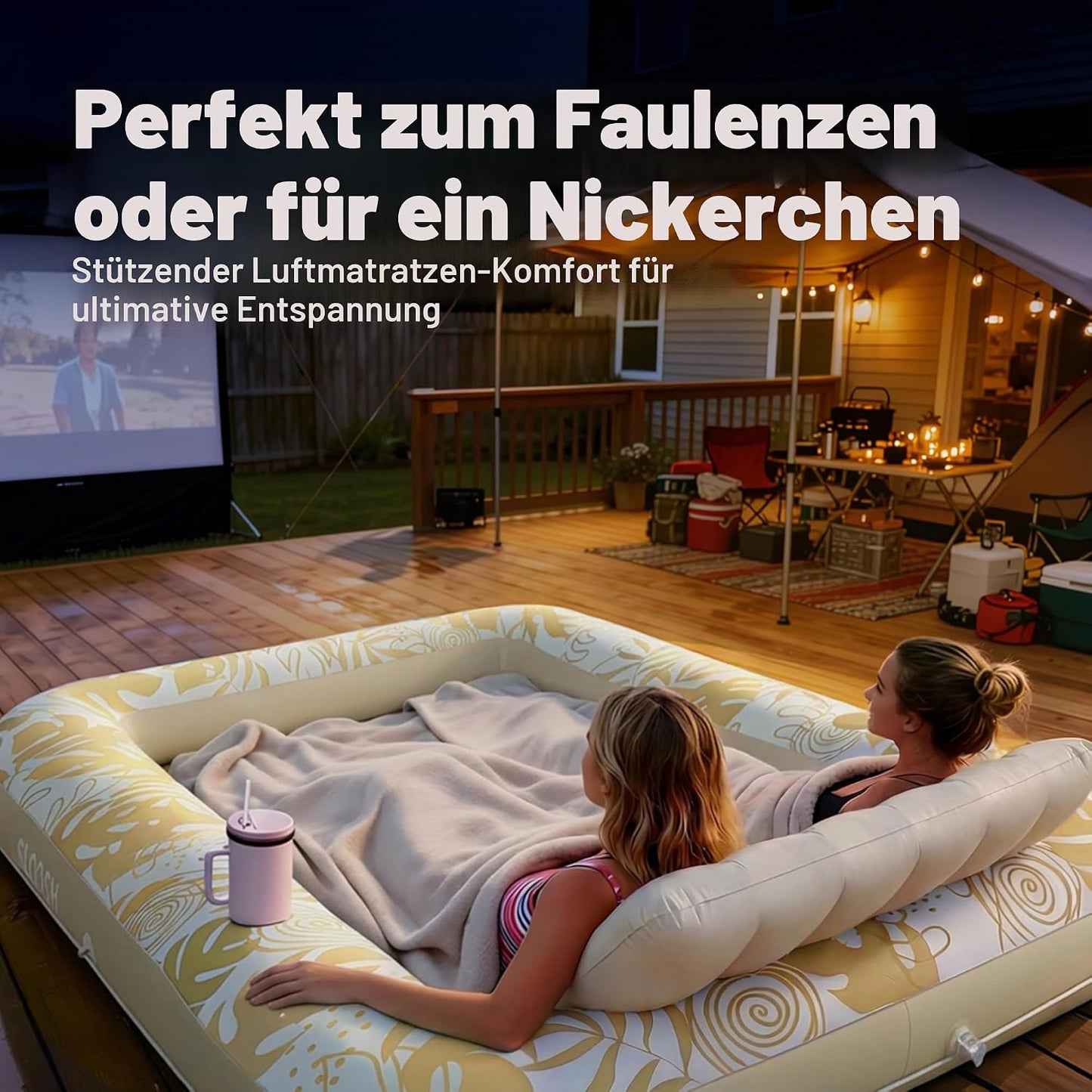 Aufblasbarer 4-in-1 Sonnenliegepool mit Kissen und Getränkehalter, Gold Weiss XL