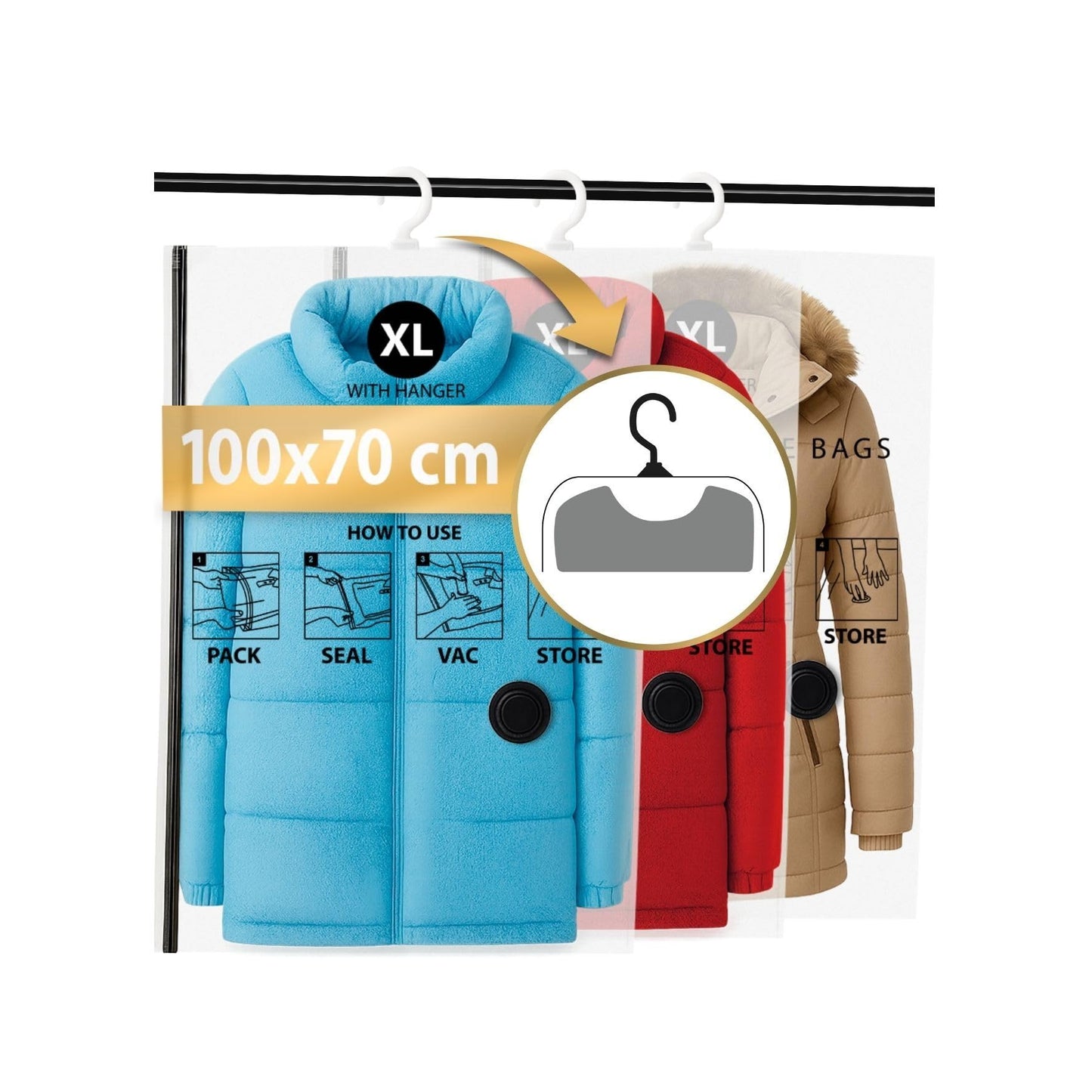 Hängende Vakuumbeutel für Kleidung, MIt Hänger - 3x XL (100x70cm) Mit Hänger