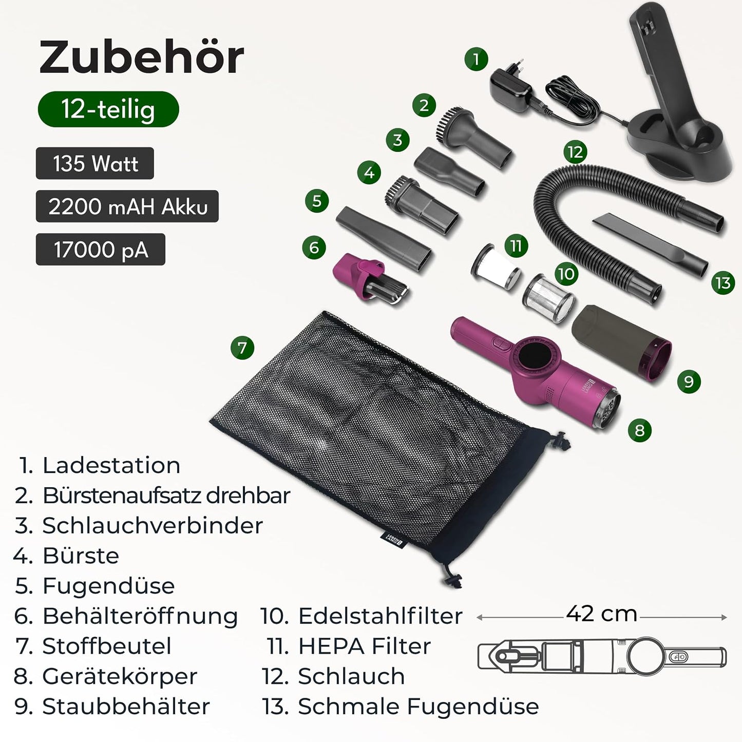 LBL2305P Handstaubsauger mit Dual-Filter & Ladestation, Rosa
