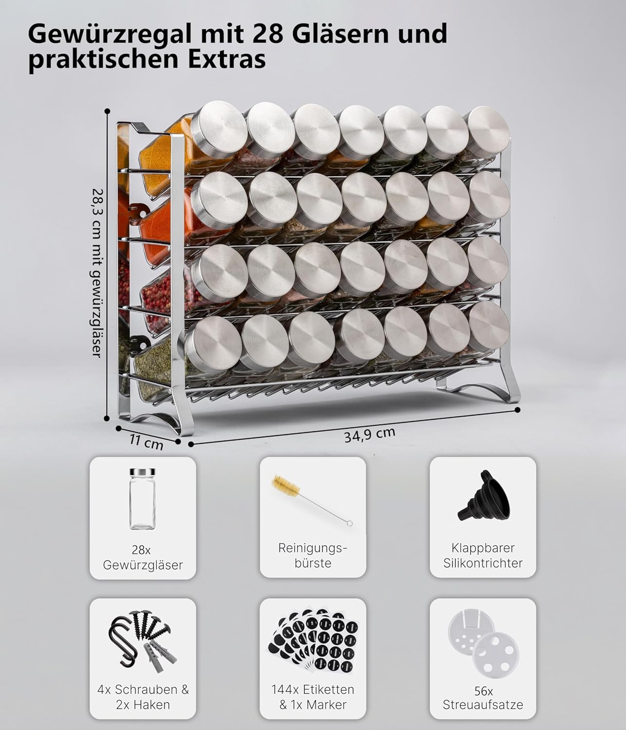 Gewürzregal mit Gewürzgläsern, Chrom, Deckel Edelstahl