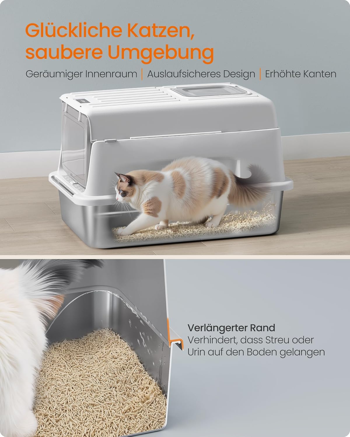 Katzentoilette PPT007GD01 mit Deckel, Schaufel, Katzenstreumatte und 2 Eingängen, hellgrau