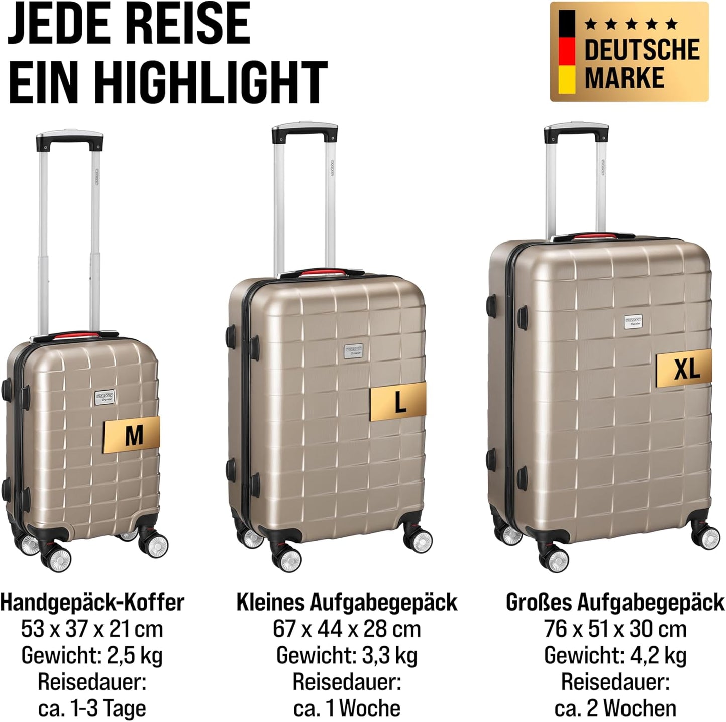 3-teiliges Kofferset mit TSA Schloss, Organizer und Kofferwaage, Champagner