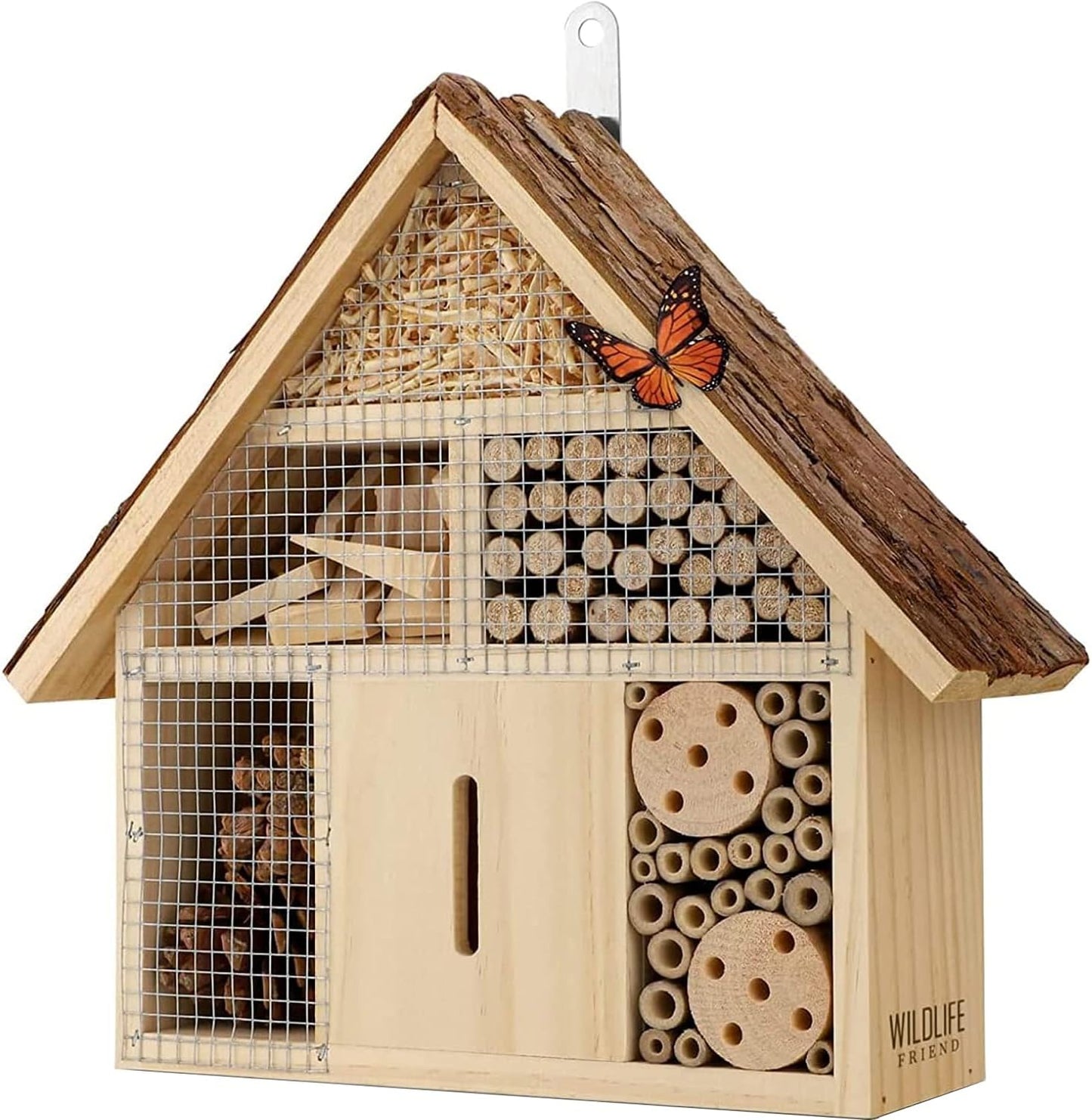 Insektenhotel mit Bambusröhren und Nistkammern, Rindendach
