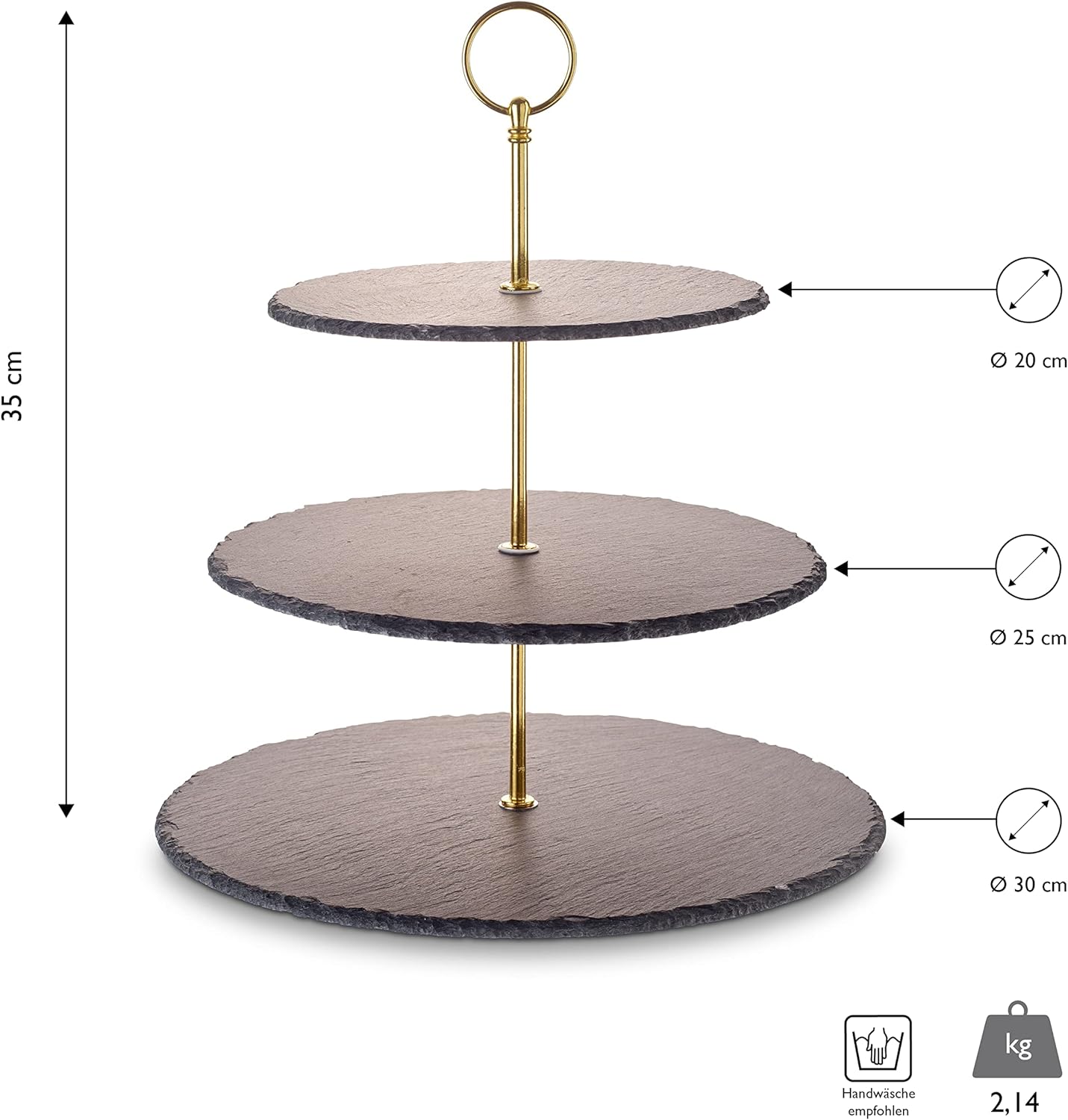3-stöckige Etagere aus Naturschiefer mit Metallgriff, 3-Stöckig Gold-edition