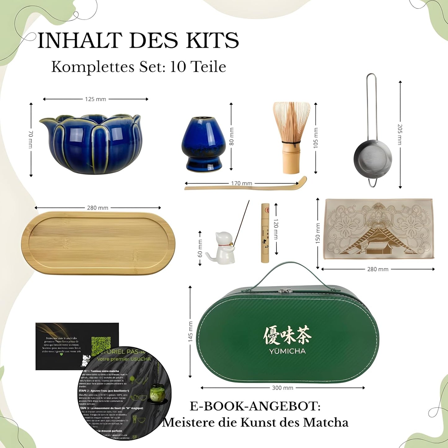10-teiliges Matcha-Set, Tasche Grün/Service Blau 10