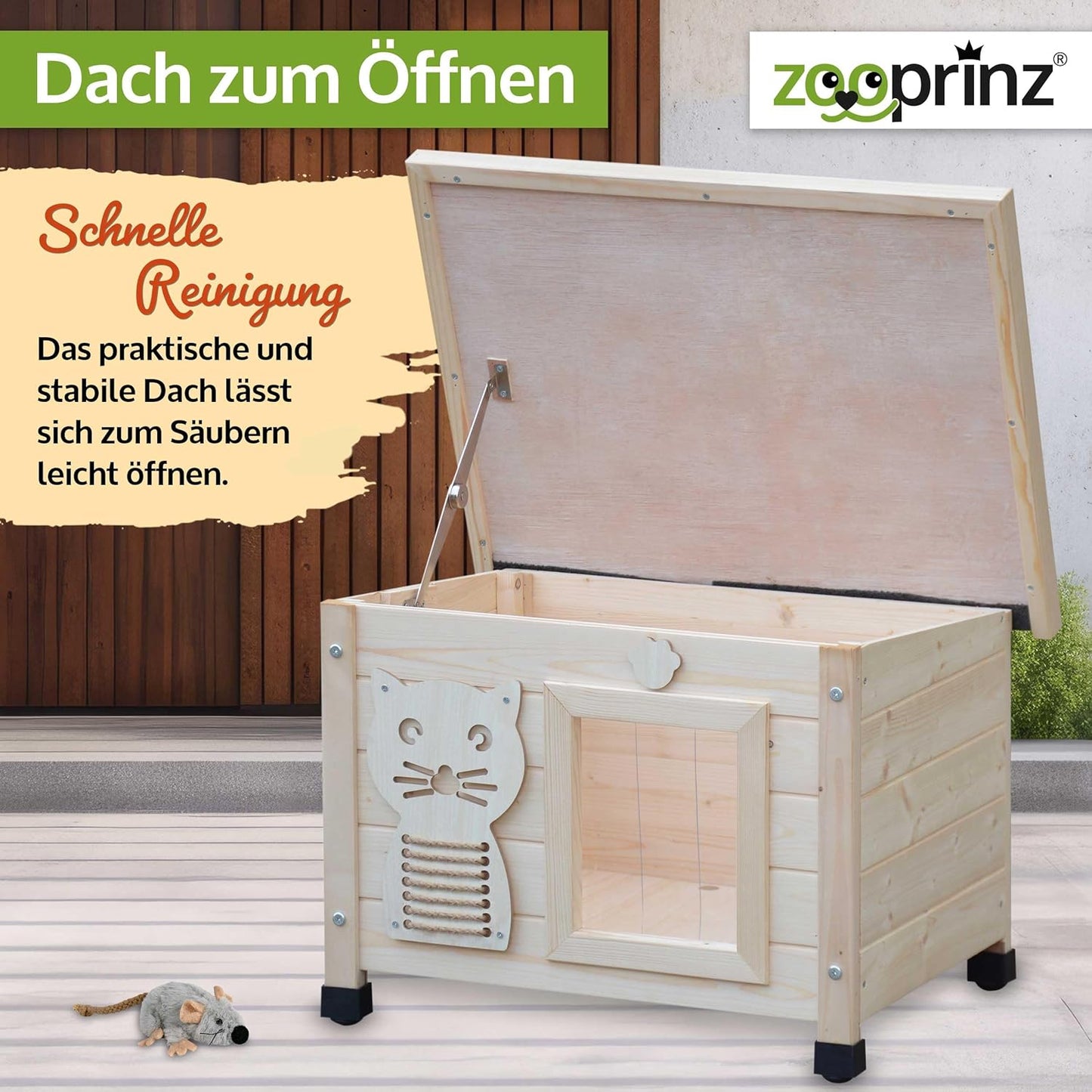 Premium Katzenhaus aus Holz mit Schwingtür, Natur Standard