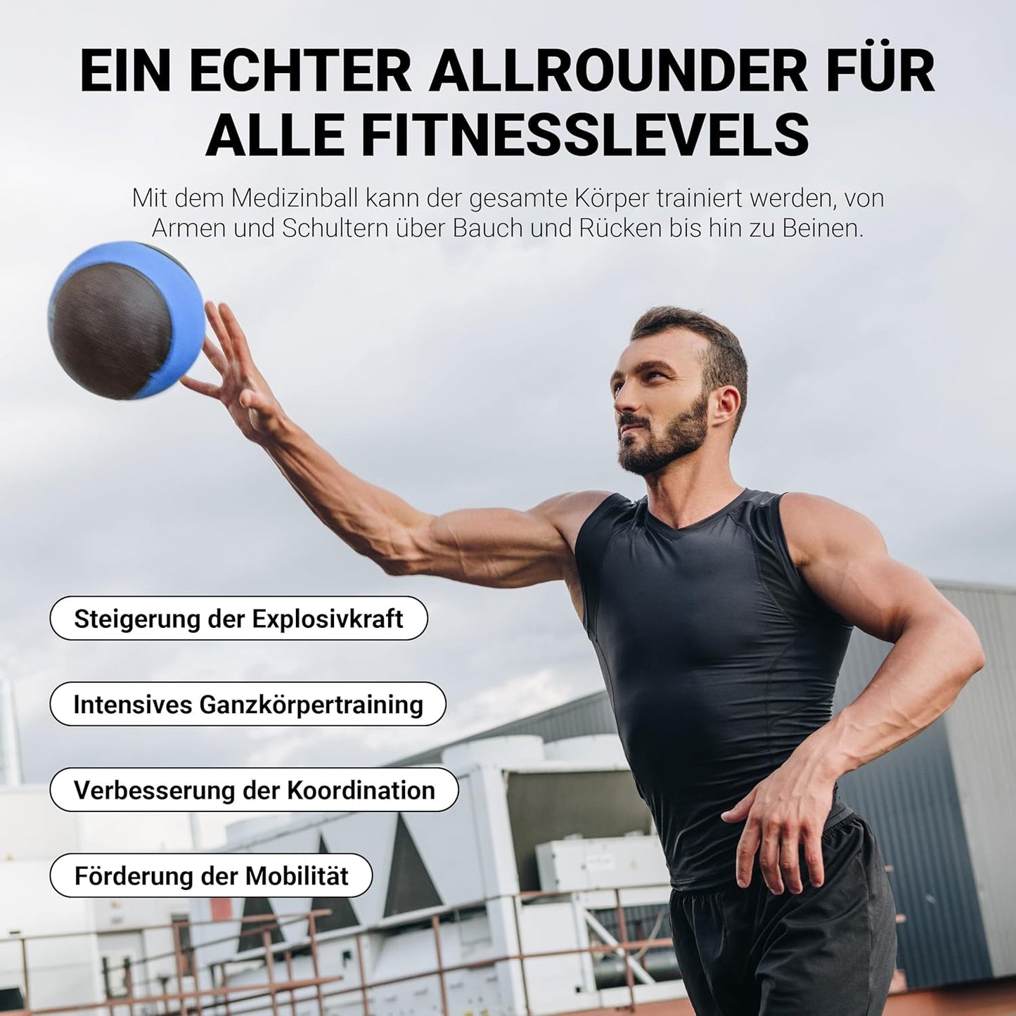 Medizinball mit Übungsposter, 5 kg - Blau