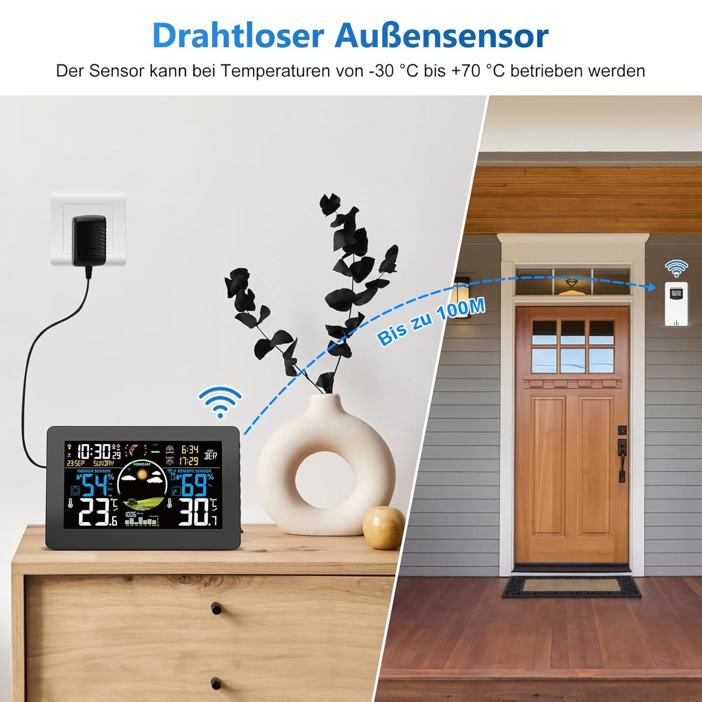 Wetterstation mit Aussensensor & Funkuhr, Schwarz