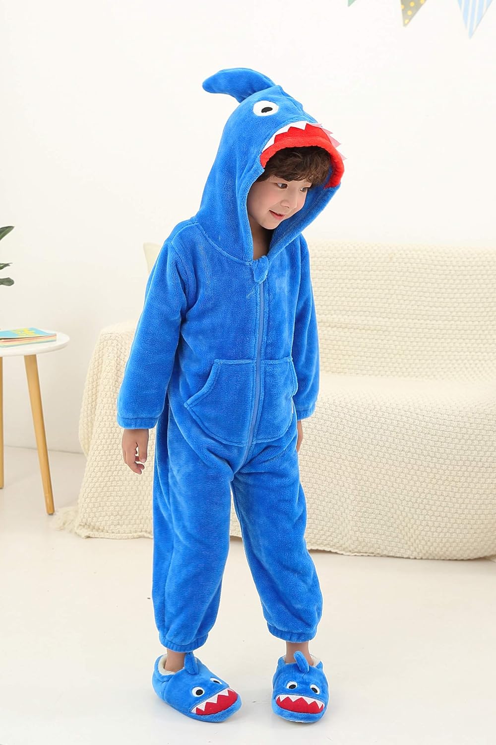 Kinder-Hai-Kostüm Flanell-Strampler mit Kapuze, 2-3 Jahre Blau