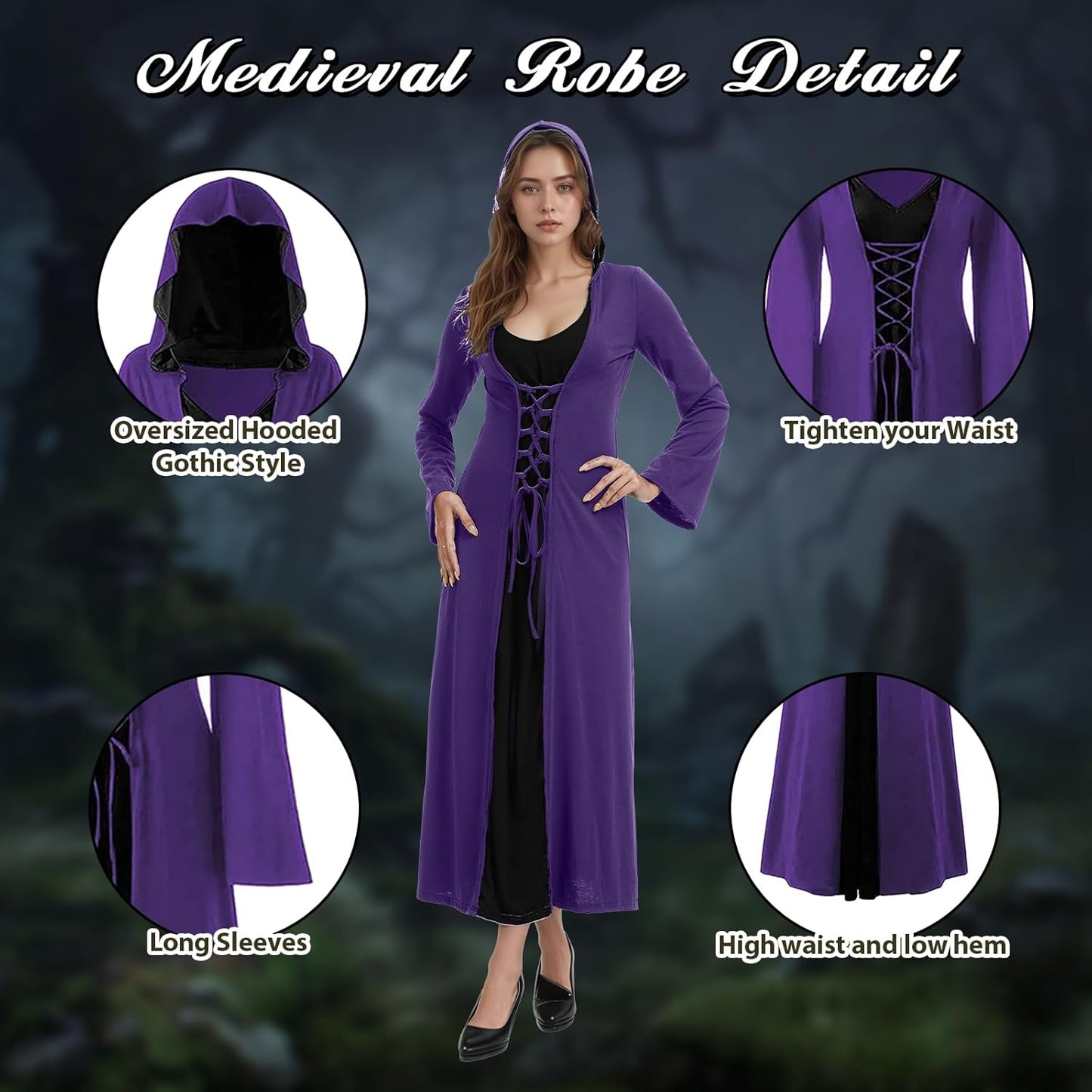 Mittelalterliches Kleid mit Kapuze, XL Lila und Schwarz