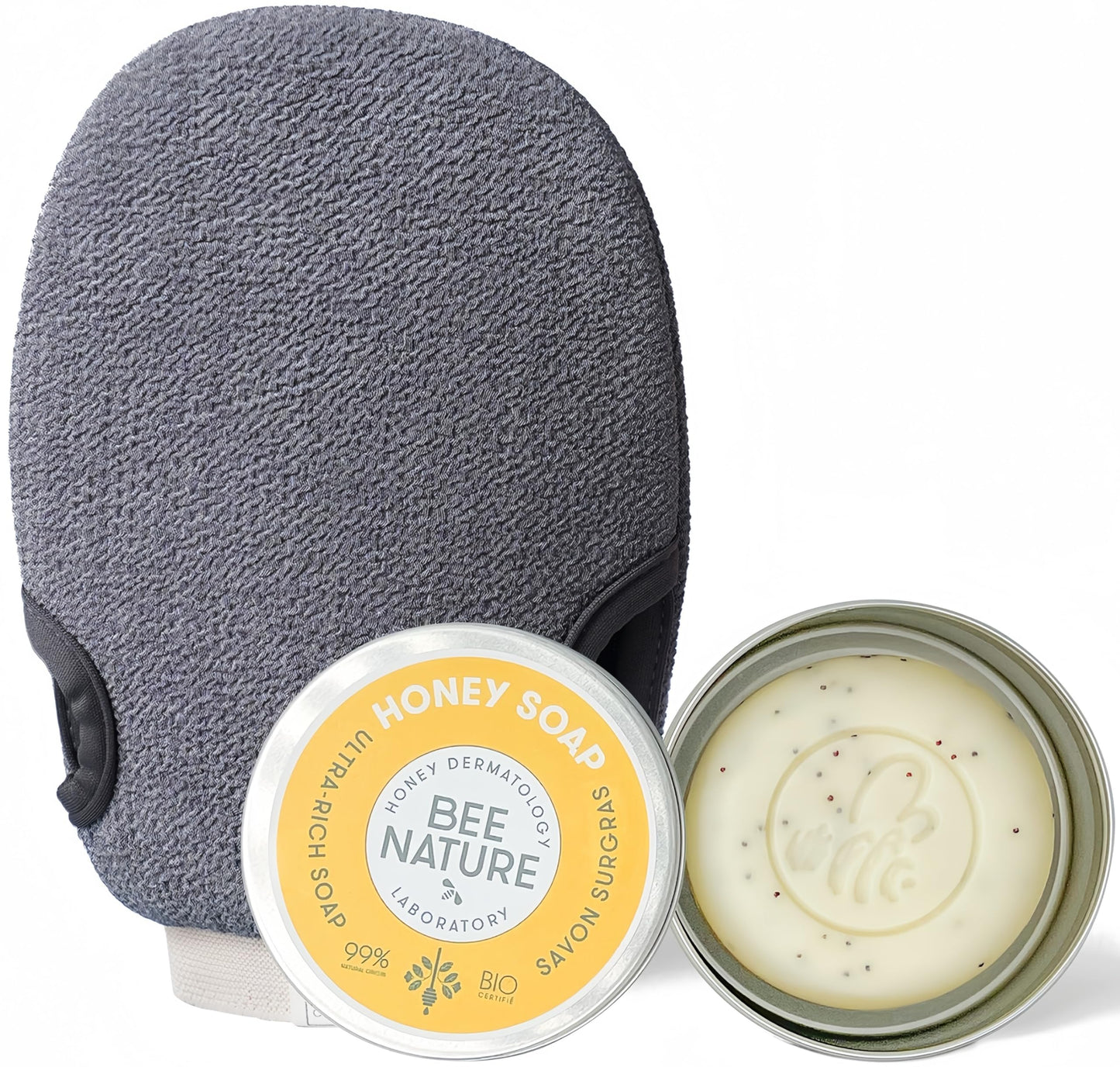Peeling-Handschuh & Bio-Honig-Seifen-Set, Peeling-Seife + Peeling-Handschuhe Grau
