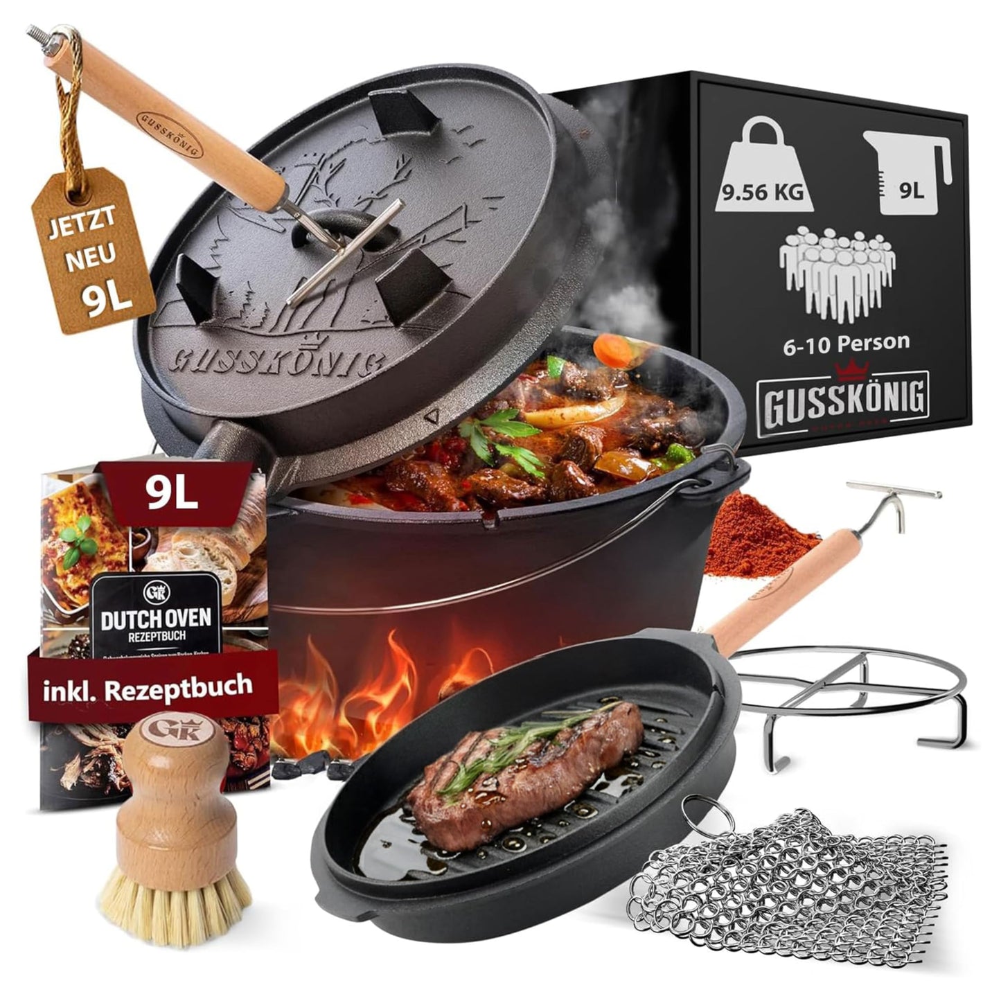 Dutch Oven Set mit Zubehör & Rezeptbuch, Topf Ohne Fuss+Ringreiniger 9 Liter