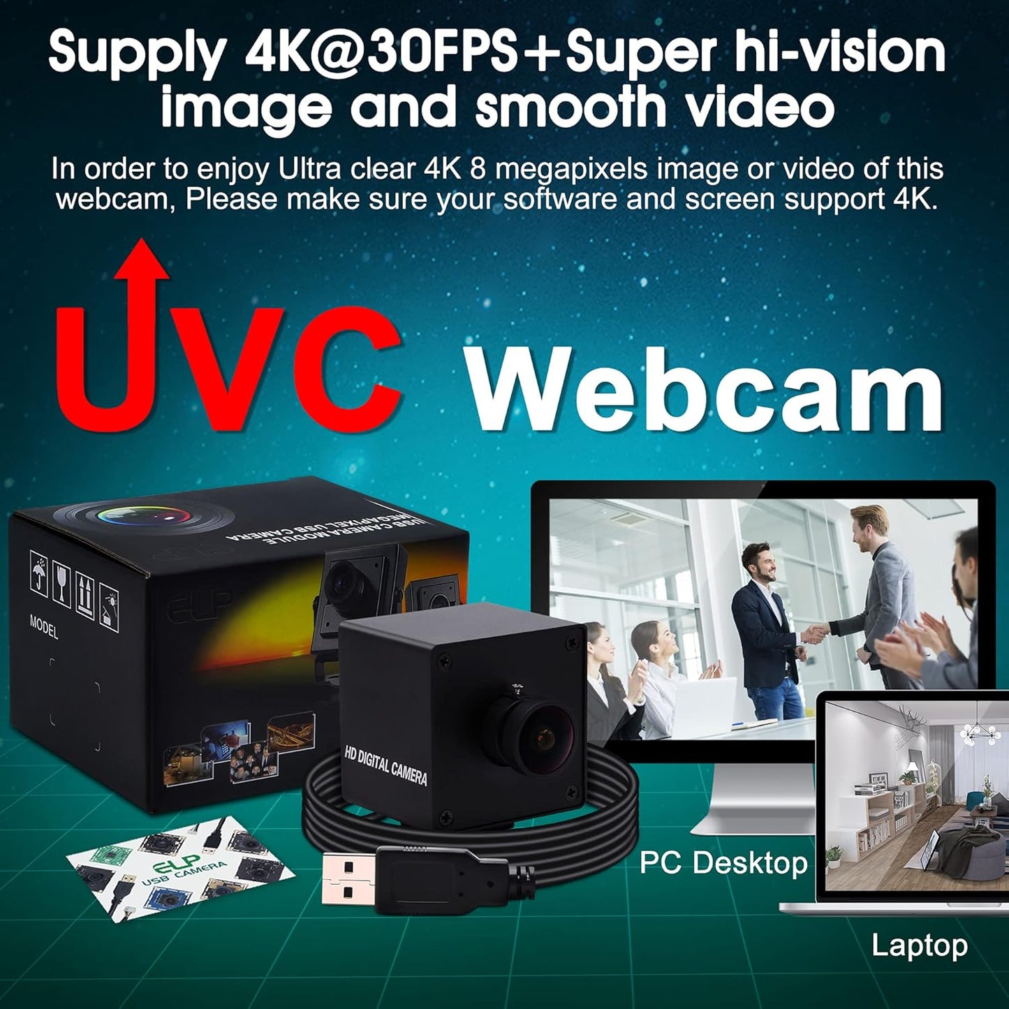 4K Ultra HD Weitwinkel-Webcam mit 170° Objektiv, 170 Grad Objektiv mit BOX