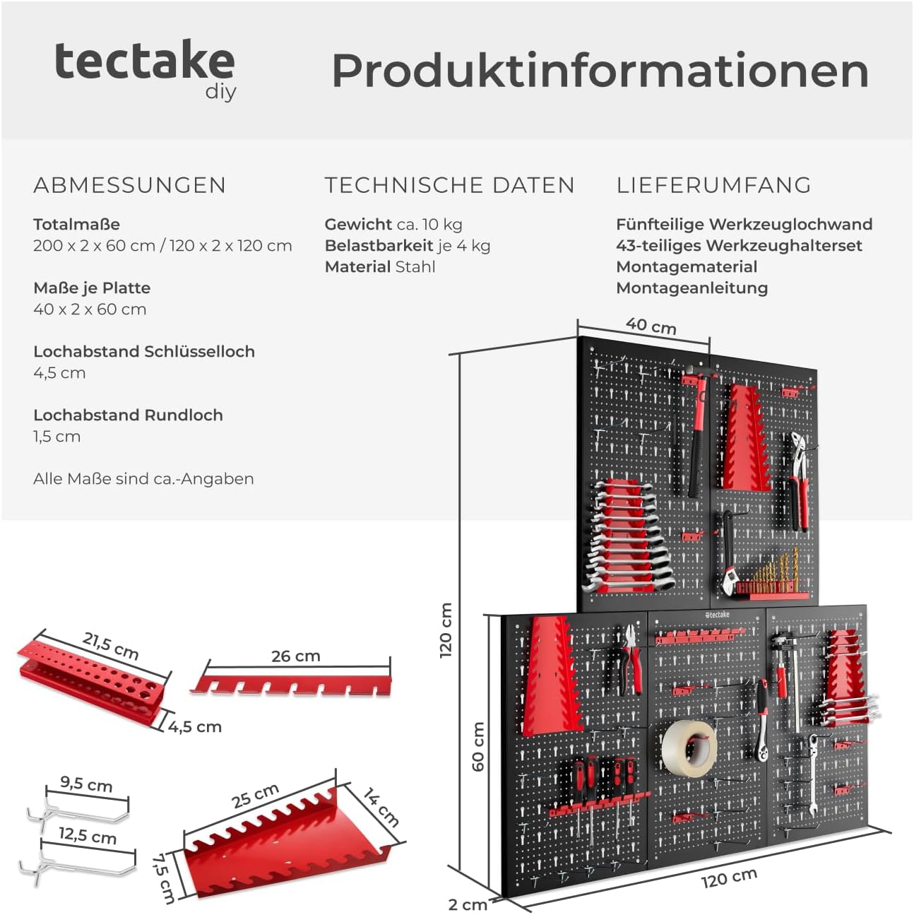 5-teiliges Set Werkzeug-Lochwand mit Halterungen, 5-tlg.