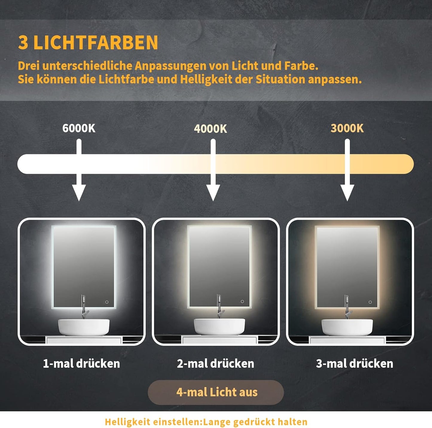 LED-Badezimmerspiegel 50x70cm dimmbar mit Touchschalter, 70L x 50B cm, 1 Touchschalter + 3 Lichtfarben