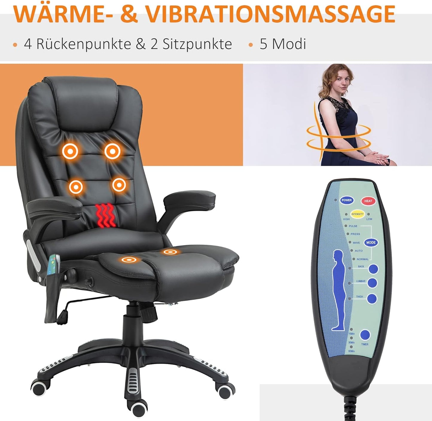 Massagesessel, Schwarz ; 70 x 70 x (111 – 121) cm (L x B X H)