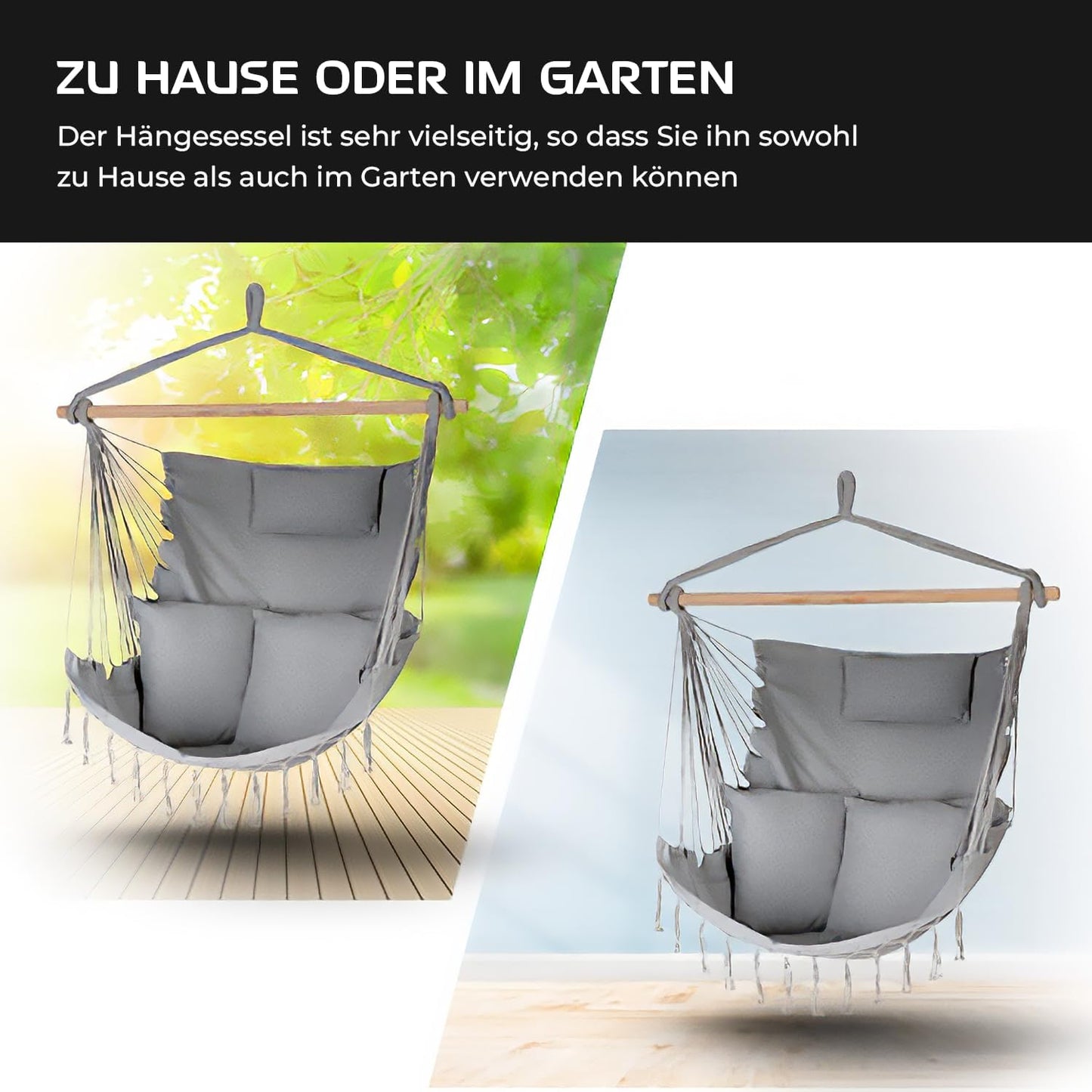 Hängesessel mit Kissen und Fransen, Grau