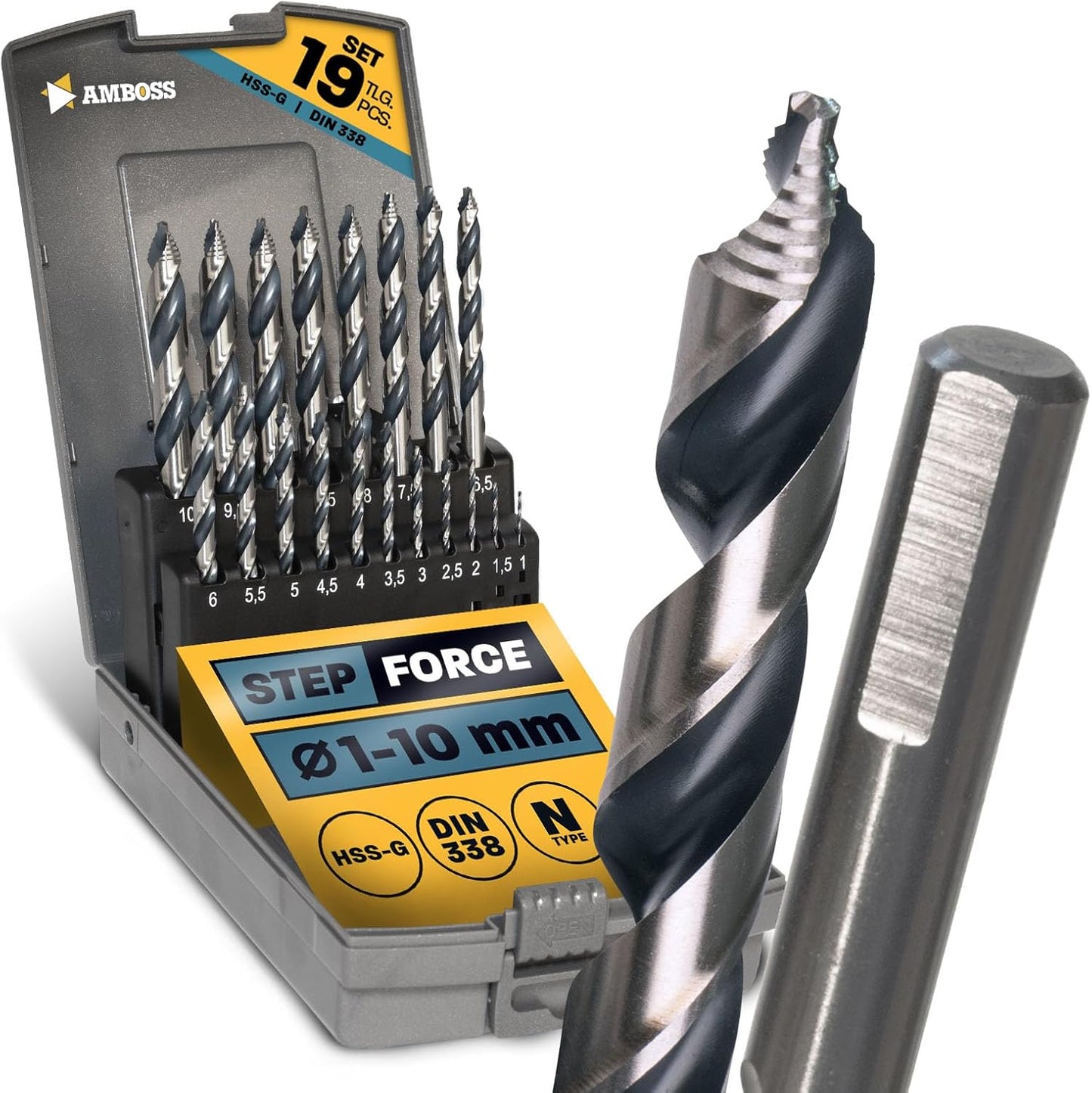 19-tlg.Step Force Spiralbohrer-Set, 1-10 mm für Metall, Metall HSS-G, 1x Set HSS-G 19tlg. (Ø1-10)