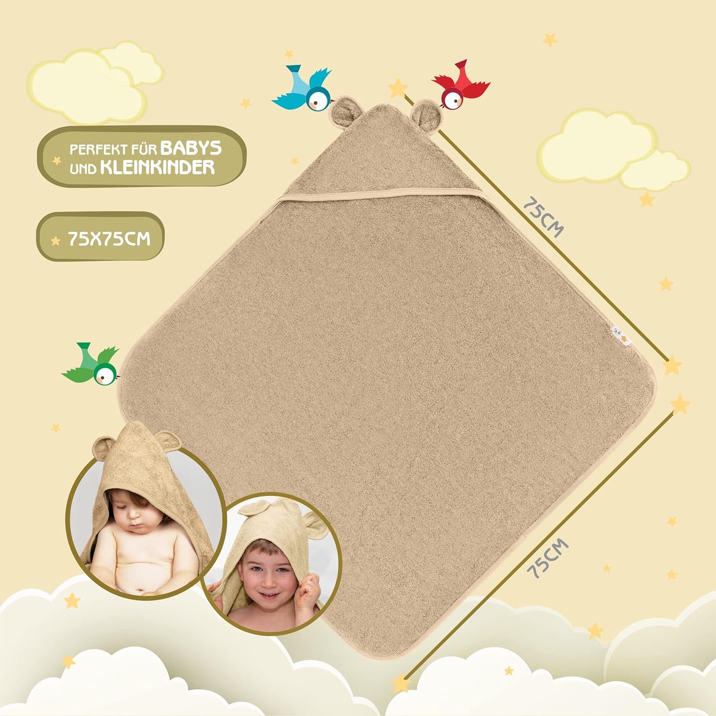 Baby Kapuzenhandtuch (extra dick & weich) 75x75cm, Mojave-beige