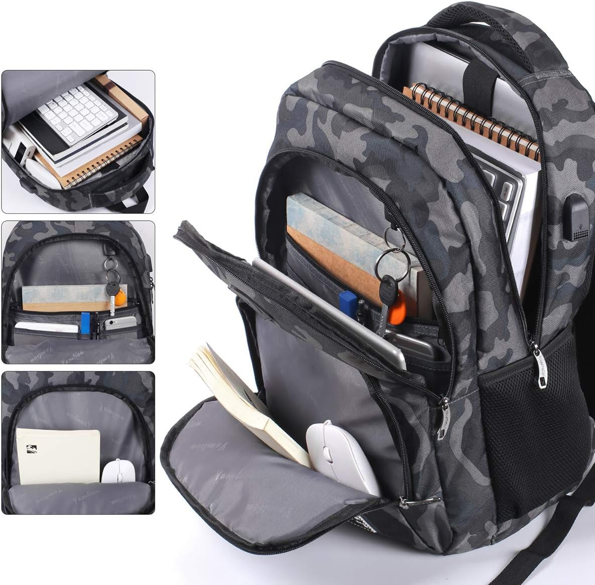 Laptop-Rucksack mit USB-Ladeanschluss, 15,6 Zoll Gjb6-Tarnung Schwarz