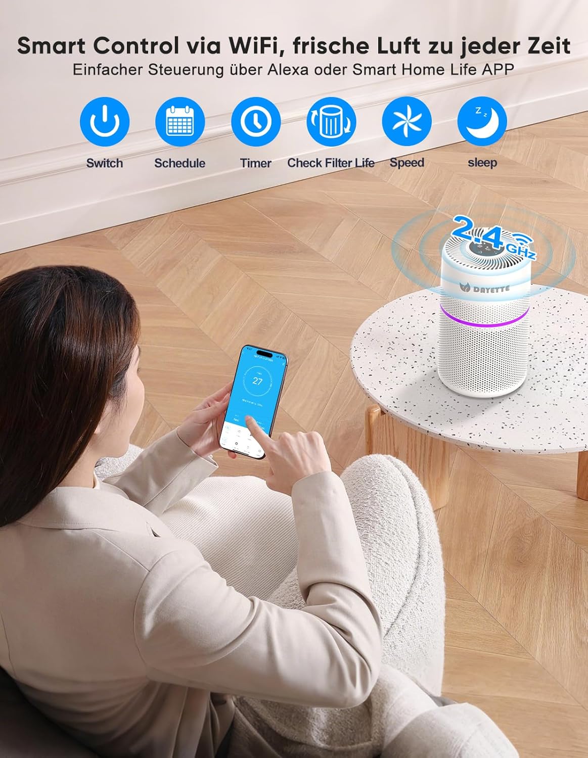 Wifi Luftreiniger mit HEPA 13 Filter, Weiß 90㎡ Wohnung