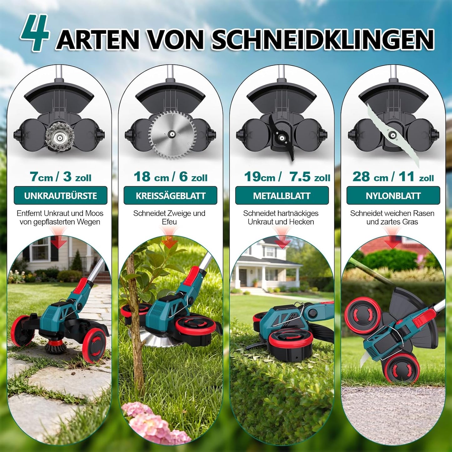 3-in-1 Akku Rasentrimmer mit Unkrautbürste, Blau