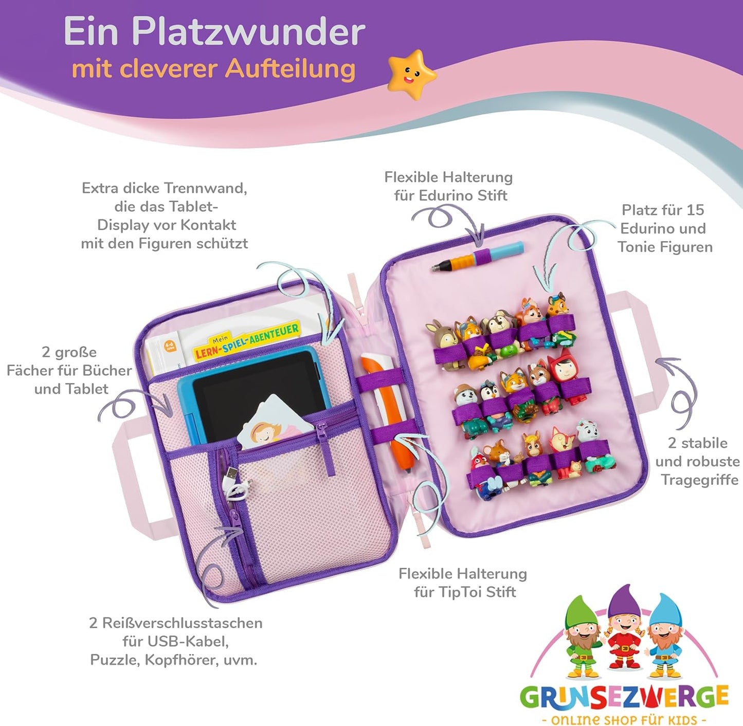 Tasche für Edurino, Tonie & TipToi Zubehör, Pia Prinzessin (Lila)